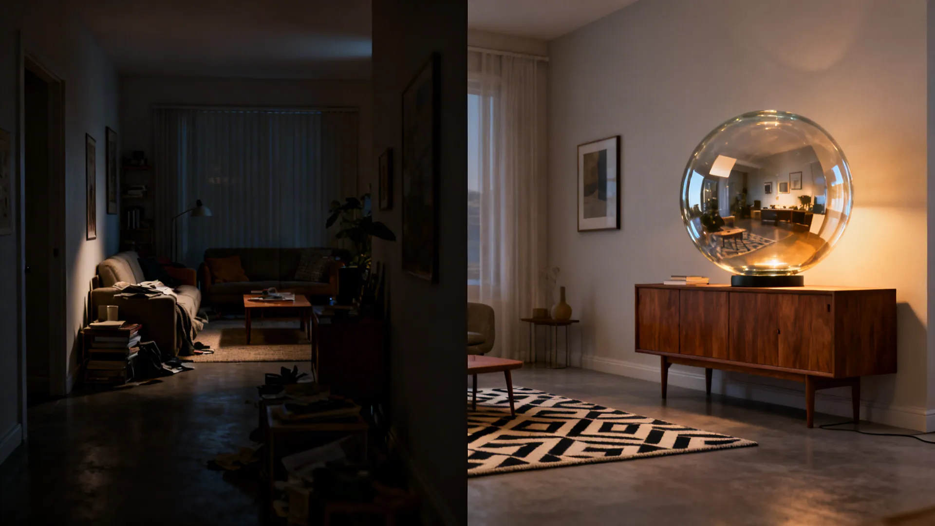 Before and after comparison of a small living room transformed by a glass globe lamp with dimmable warm light.