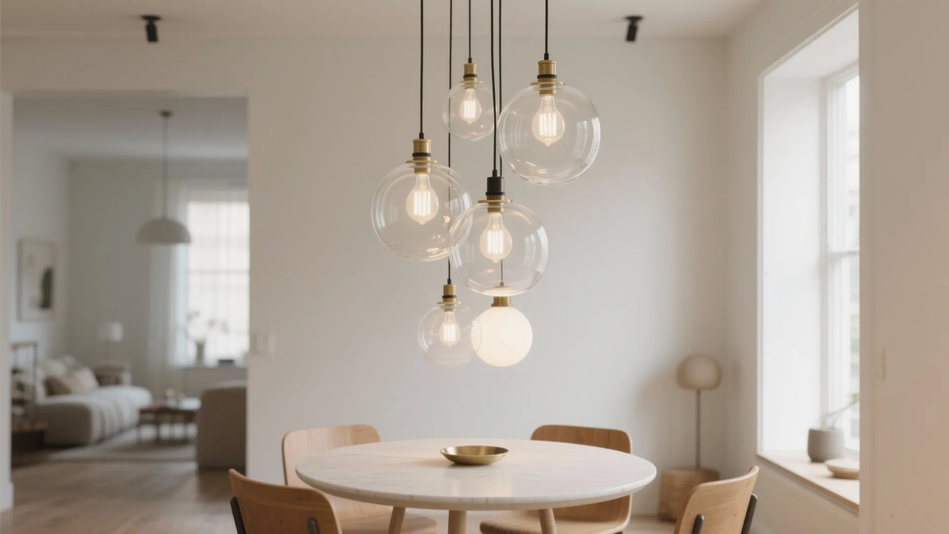 Cluster of clear glass globe ceiling lights hanging over a round marble dining table indoors