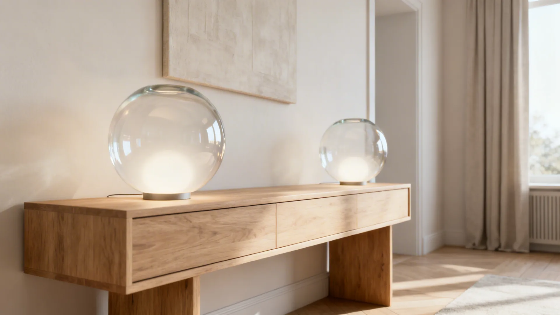 Pair of thick blown-glass globe lamps on a low console creating diffused ambient light