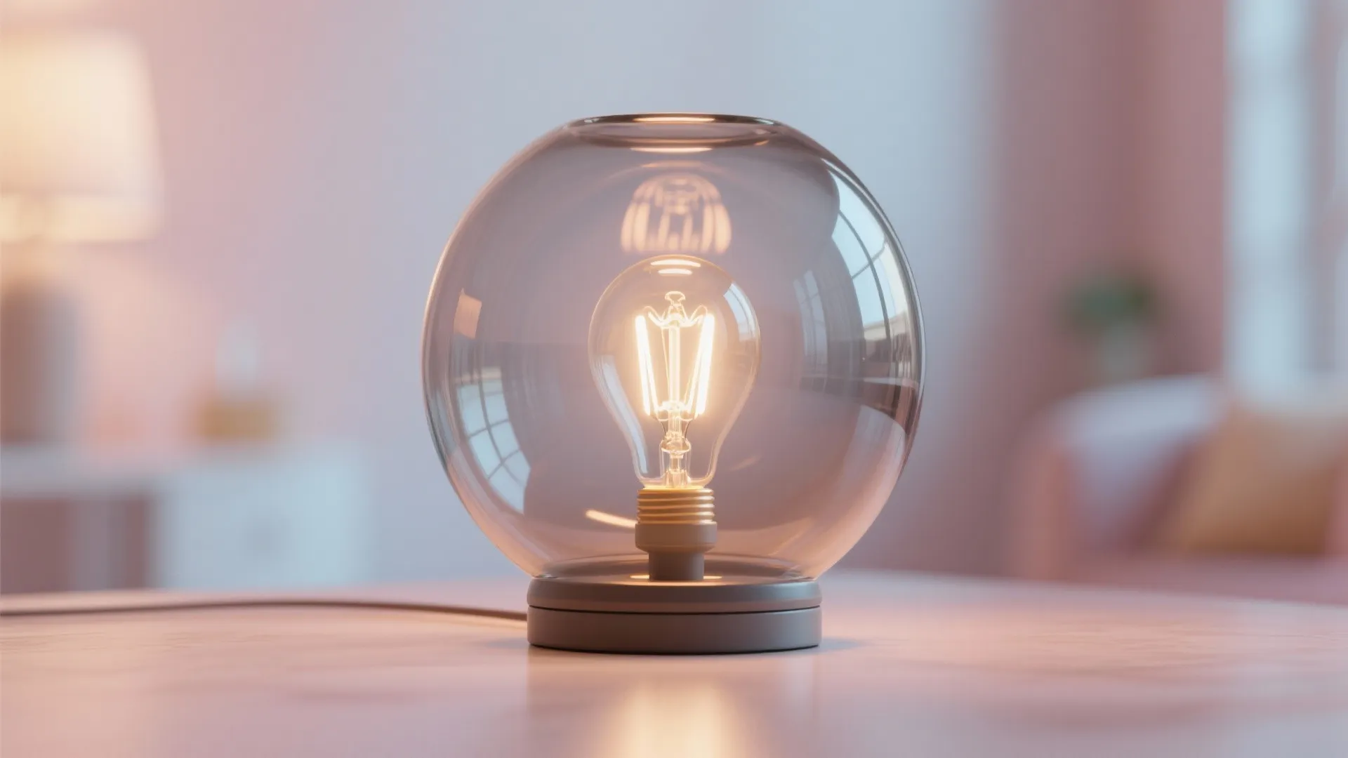 Smoked glass globe base lamp with an Edison filament bulb casting a soft warm glow in a pastel nook.