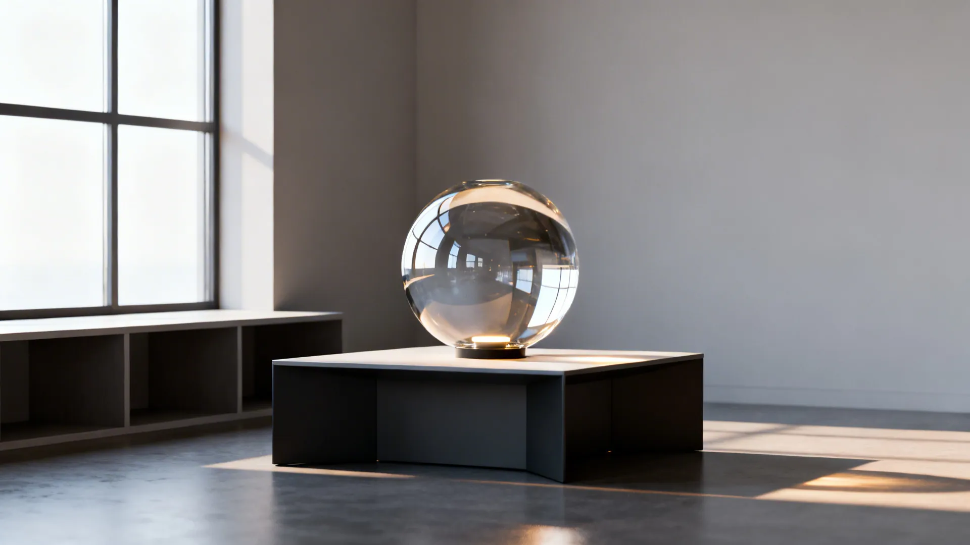 Minimalist glass globe lamp on a low side table, reflecting ambient light.