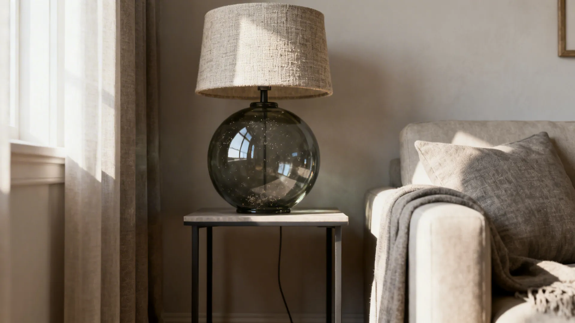 4. Glass Globe Lamp with Fabric Shade