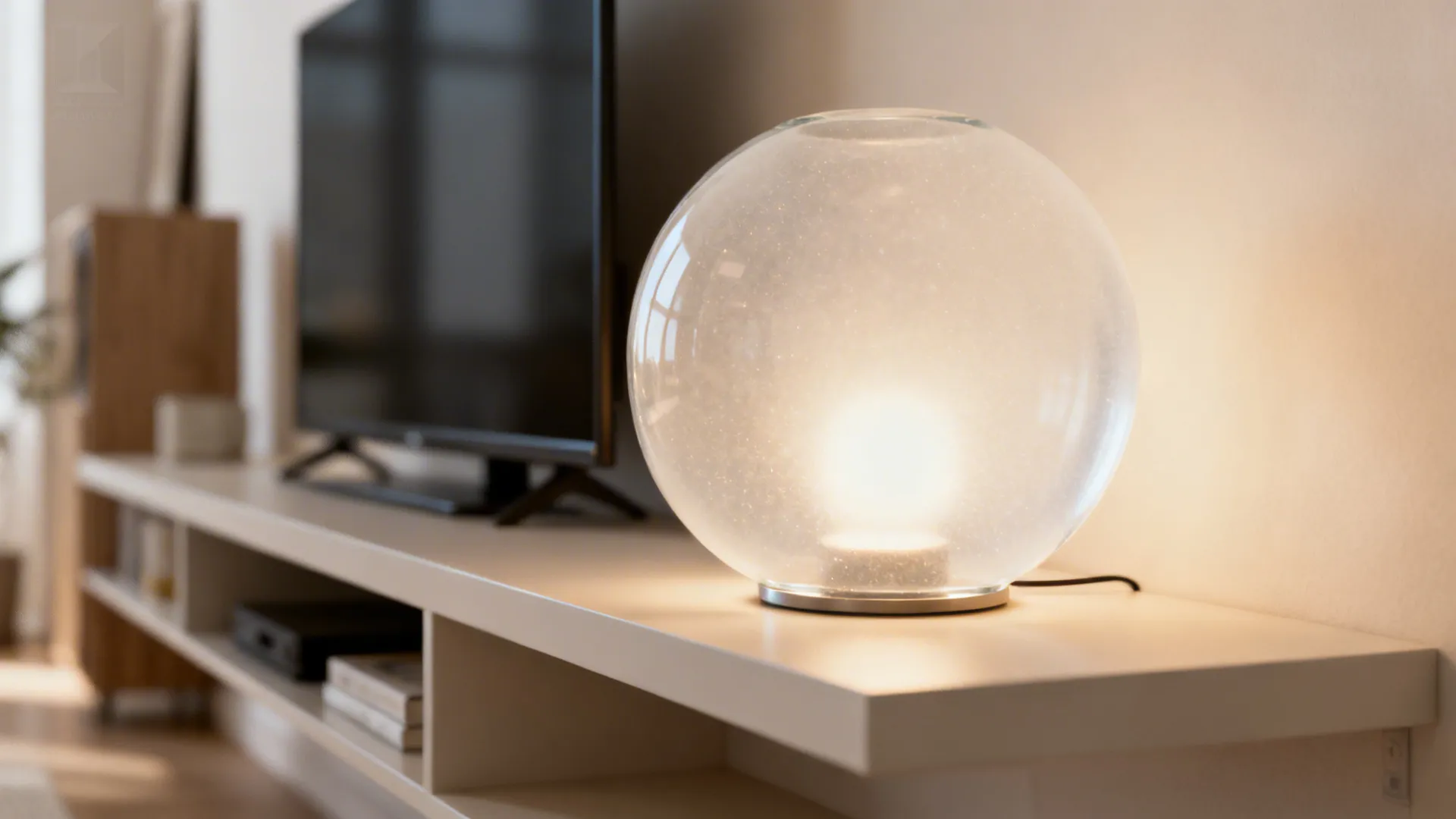 Frosted glass globe lamp creating a soft ambient glow on a floating shelf