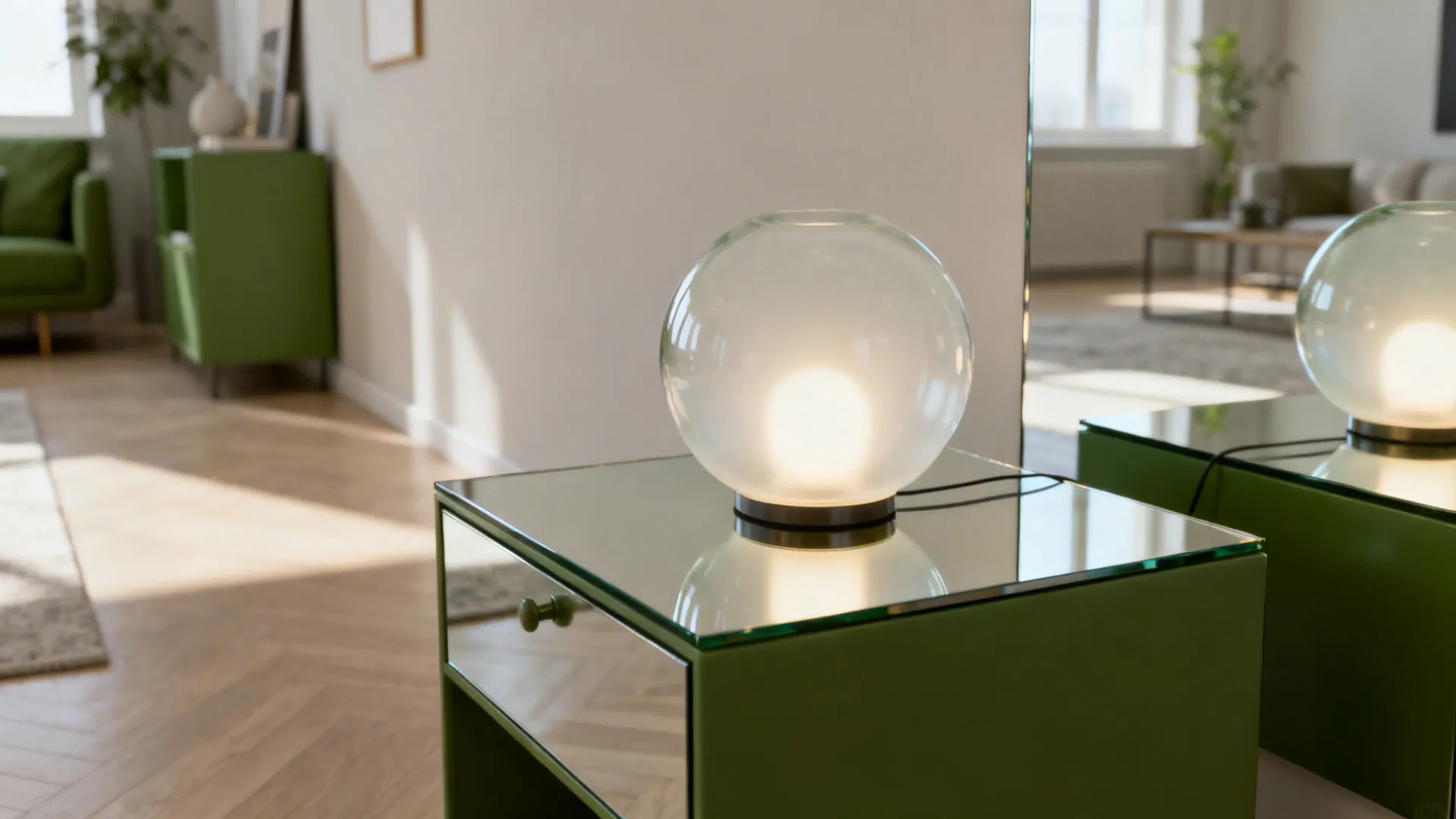 Frosted glass globe lamp on a mirrored side table creating a soft, doubled glow in a studio space.