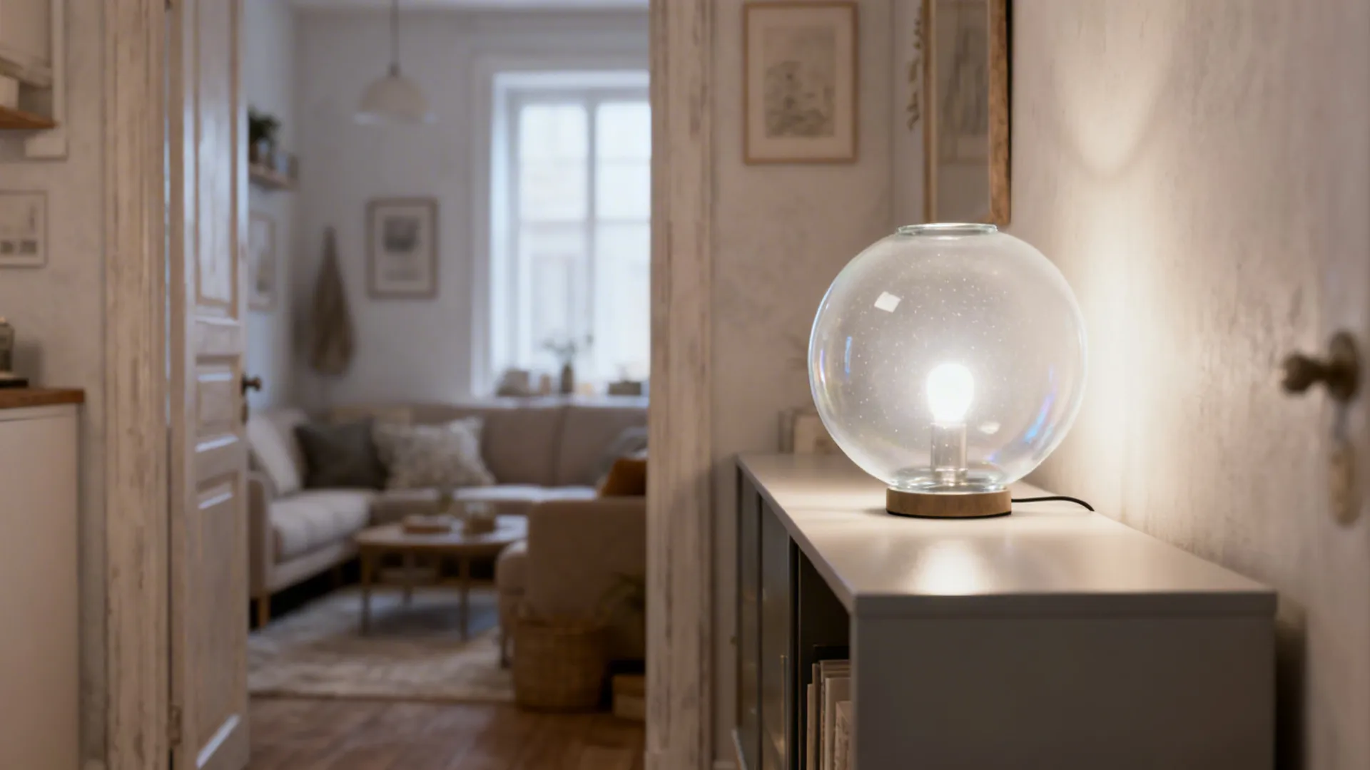 Clear glass globe lamp on a narrow credenza providing airy ambient light in a compact studio living room.