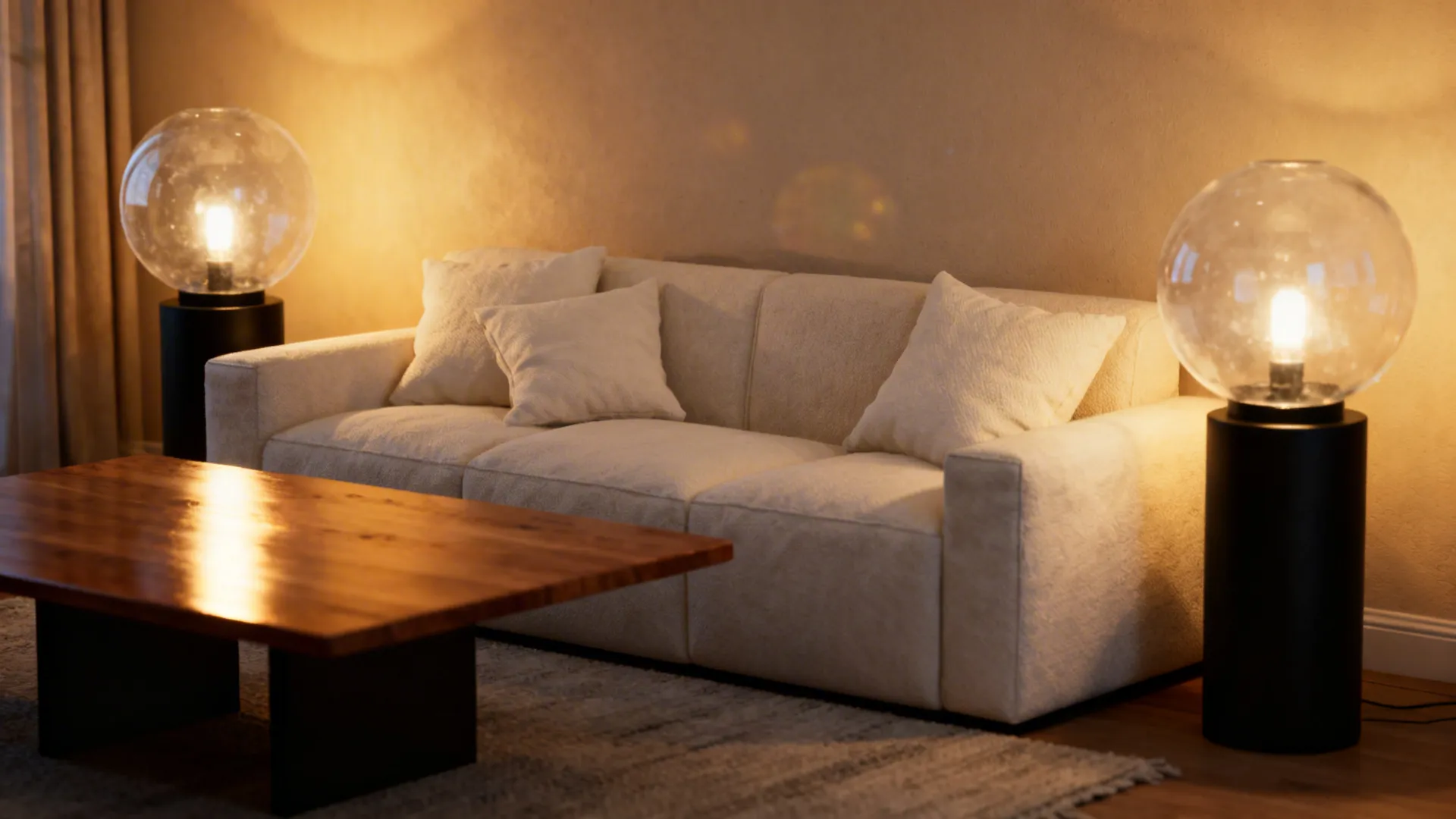 Pair of frosted glass globe lamps flanking a sofa, creating ambient glow.