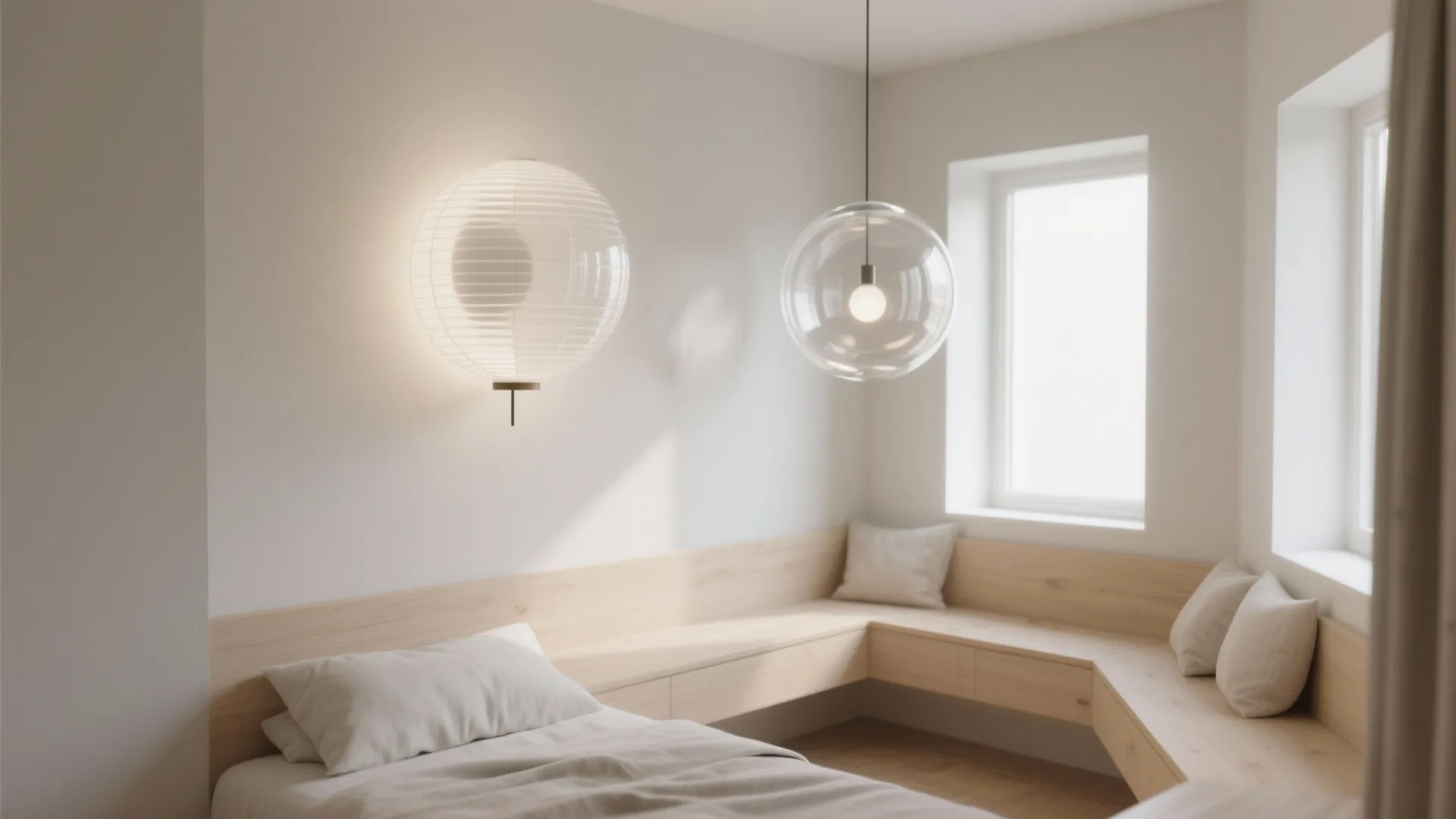 Minimalist bedroom featuring wooden bench bed round wall light and a glass globe ceiling light