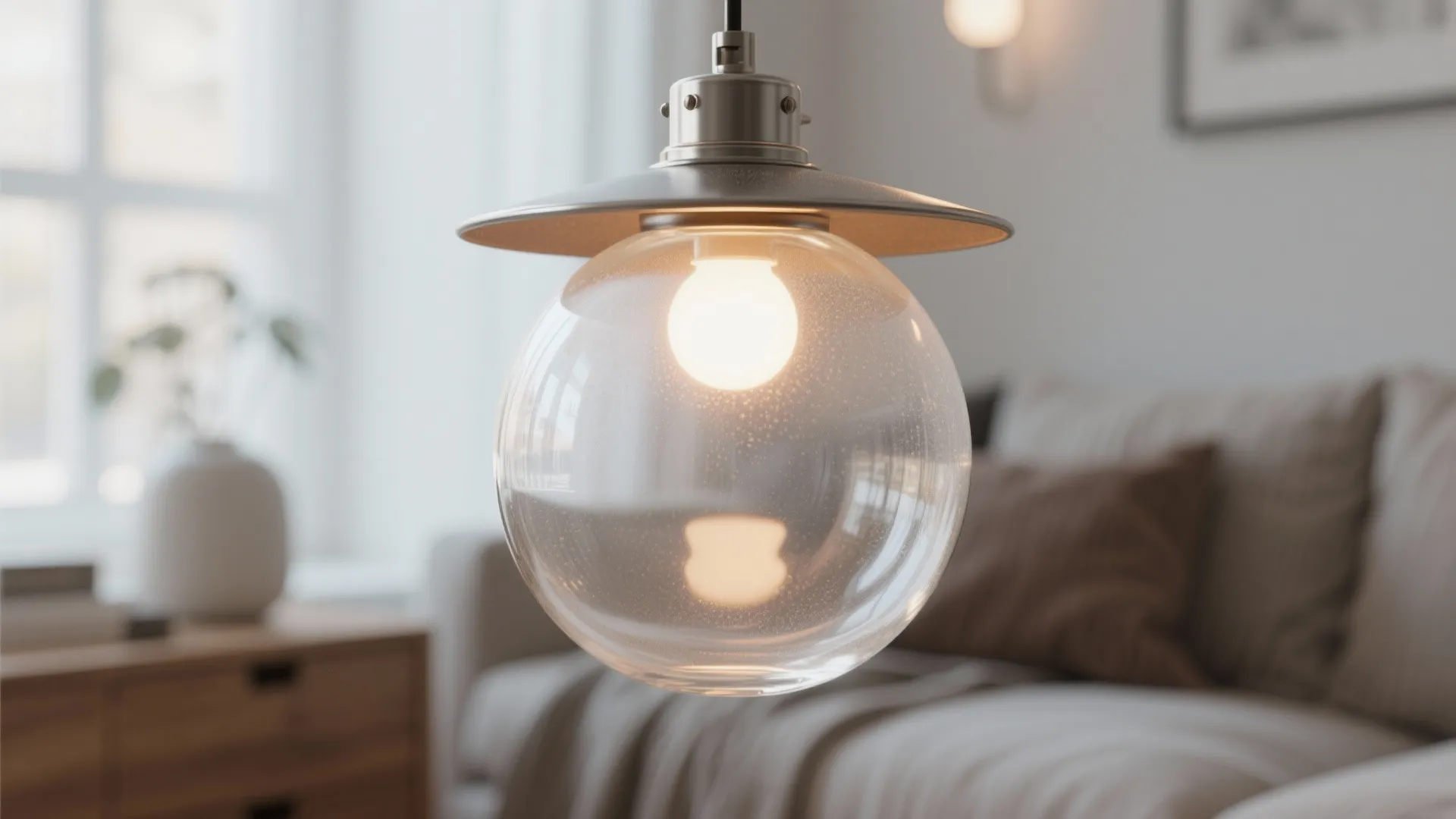 Frosted glass globe pendant emitting layered warm glow over a cozy corner, showing mixed-metal canopy.