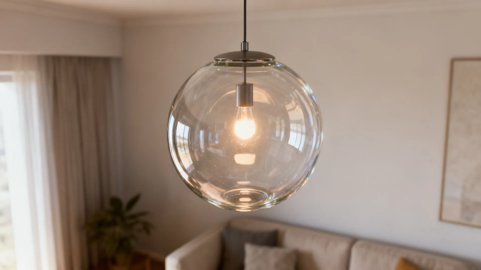 Round clear glass ceiling light hanging in a living room above a soft beige fabric sofa