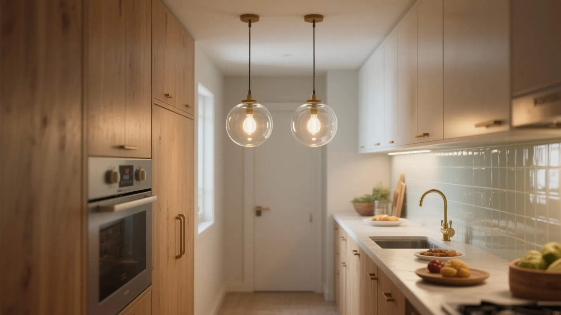 Two small glass globe pendants in a narrow galley kitchen create airy, warm diffusion.