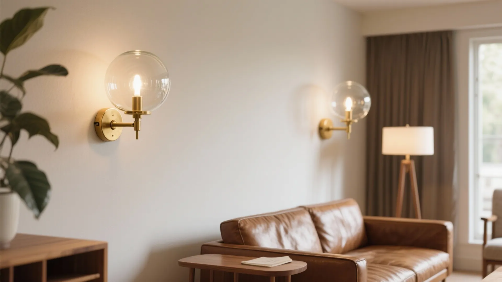 Warm living room with glass globe wall light fixtures brown leather sofa and wooden table