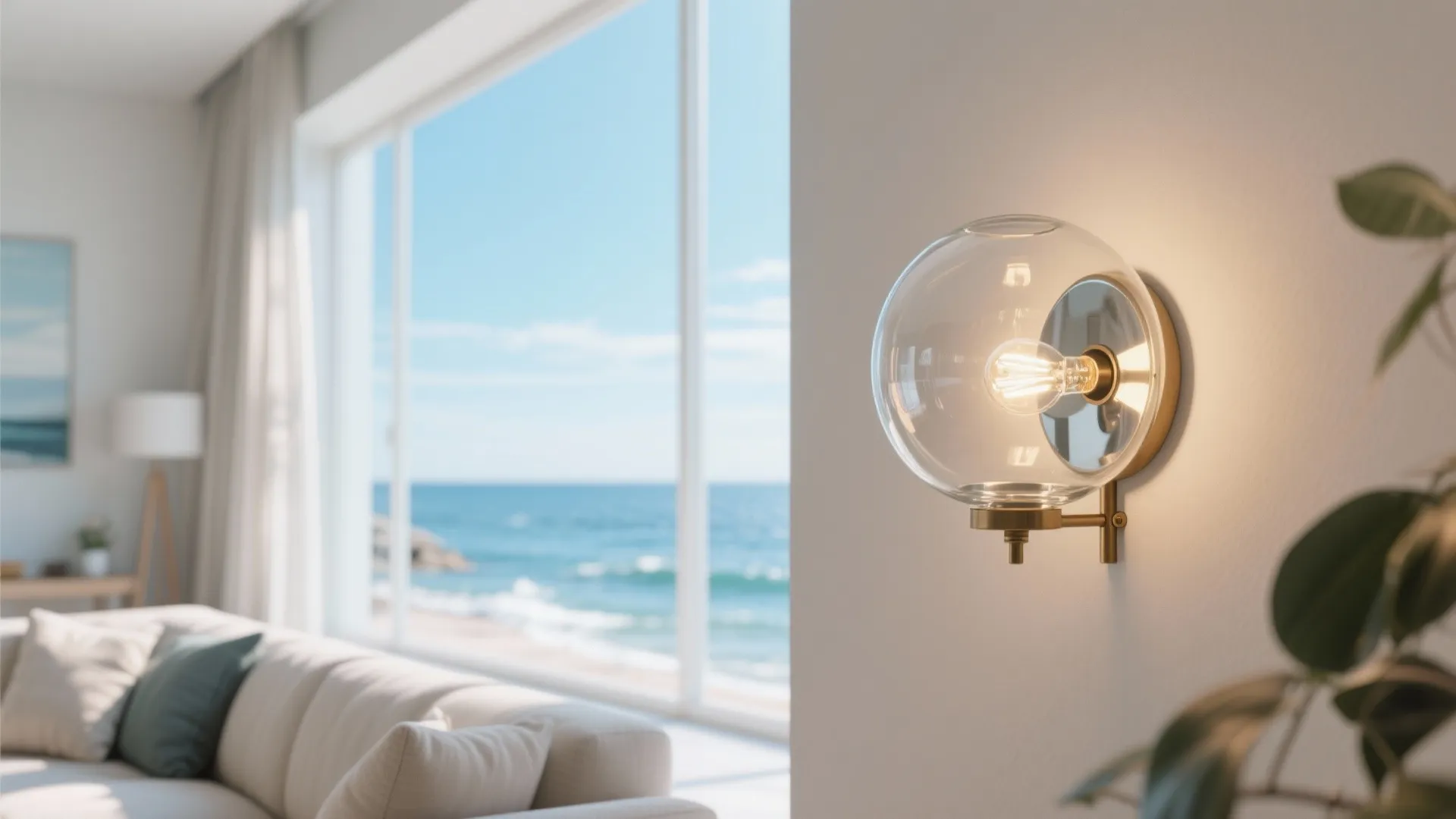 Glass globe wall sconce reflecting light in coastal living room