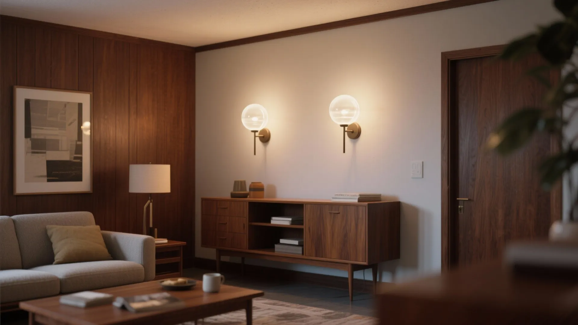 Double-globe frosted glass sconces beside walnut furniture