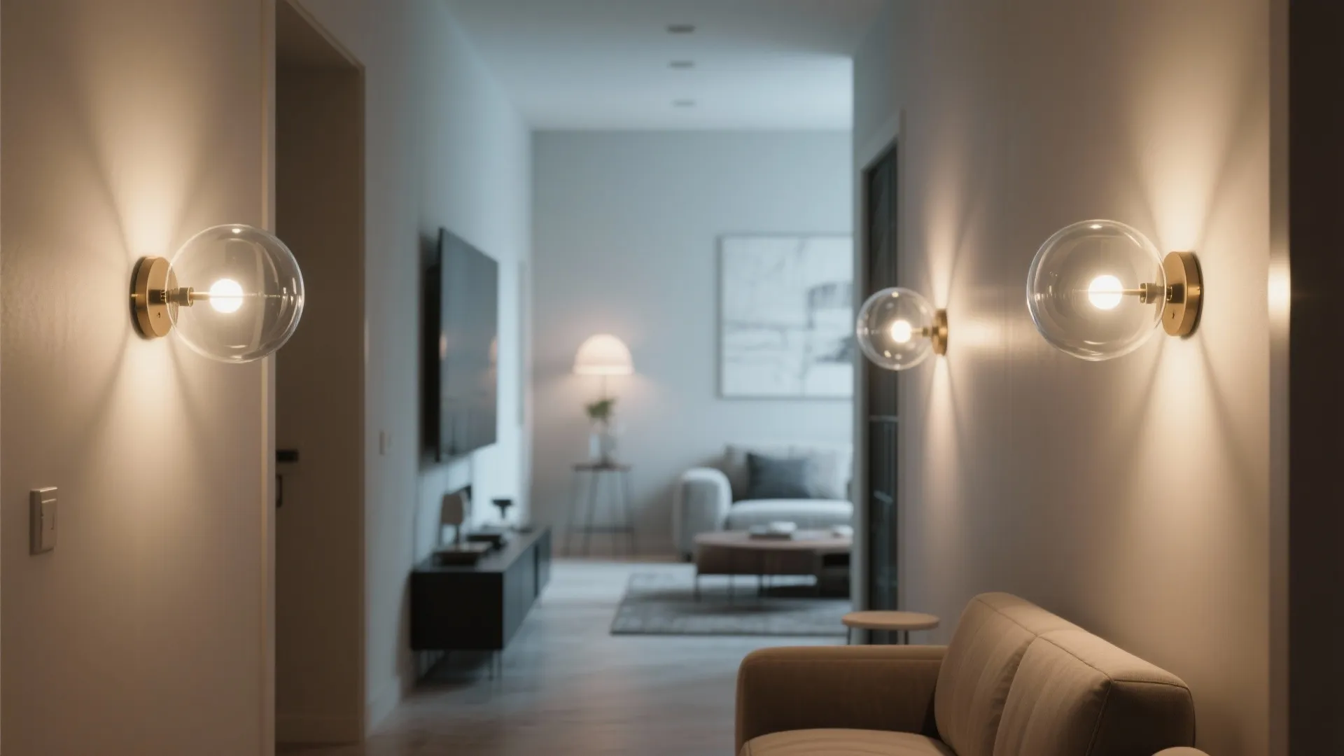 Hallway interior view featuring round glass wall lights leading into a modern bright living room