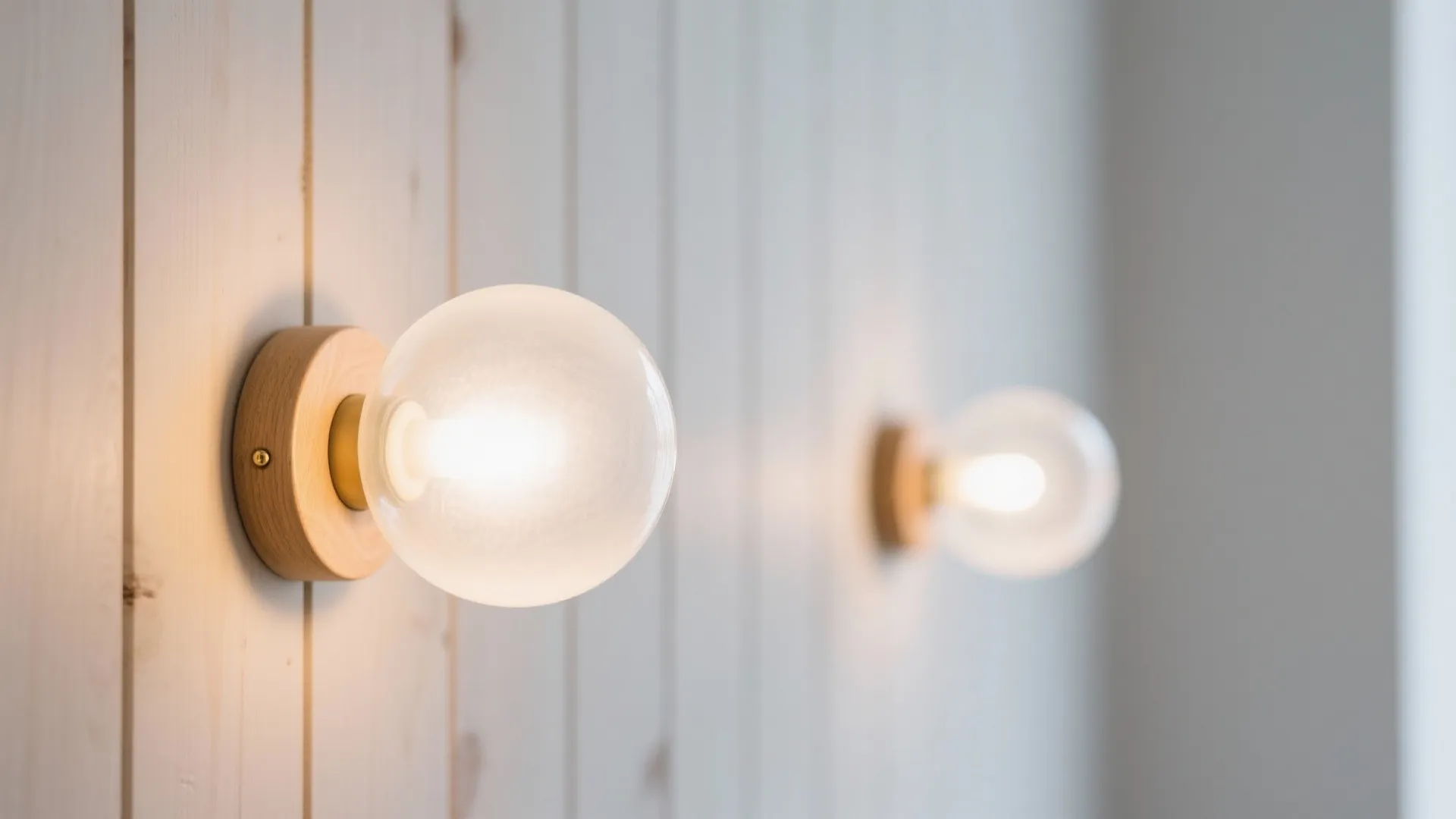 Round glass wall light with wooden base mounted on white wood panel wall in bright room