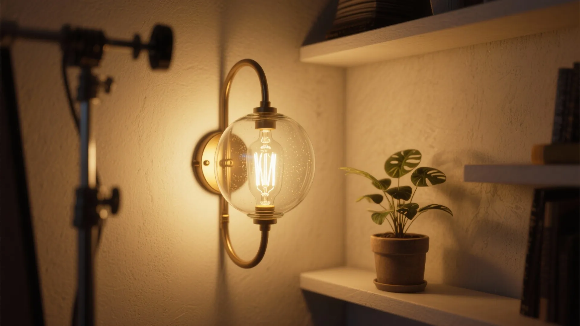 Modern wall light with glass globe shade glowing next to small plant on white shelf