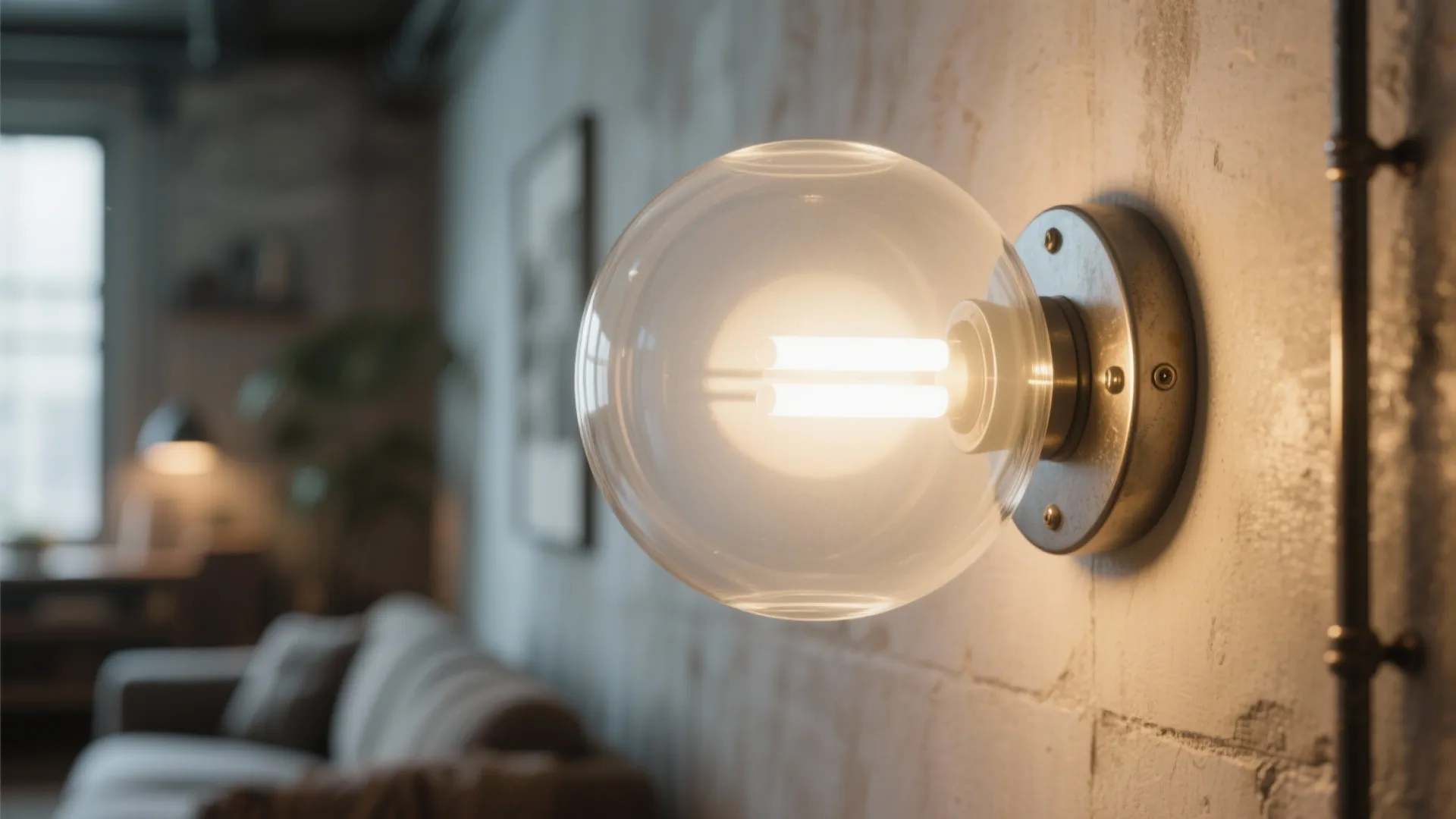 Frosted glass globe wall light glowing warmly