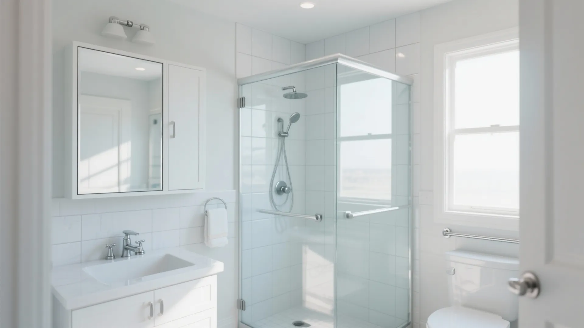 Bright white bathroom with white cabinet sink glass shower door toilet and large bright window
