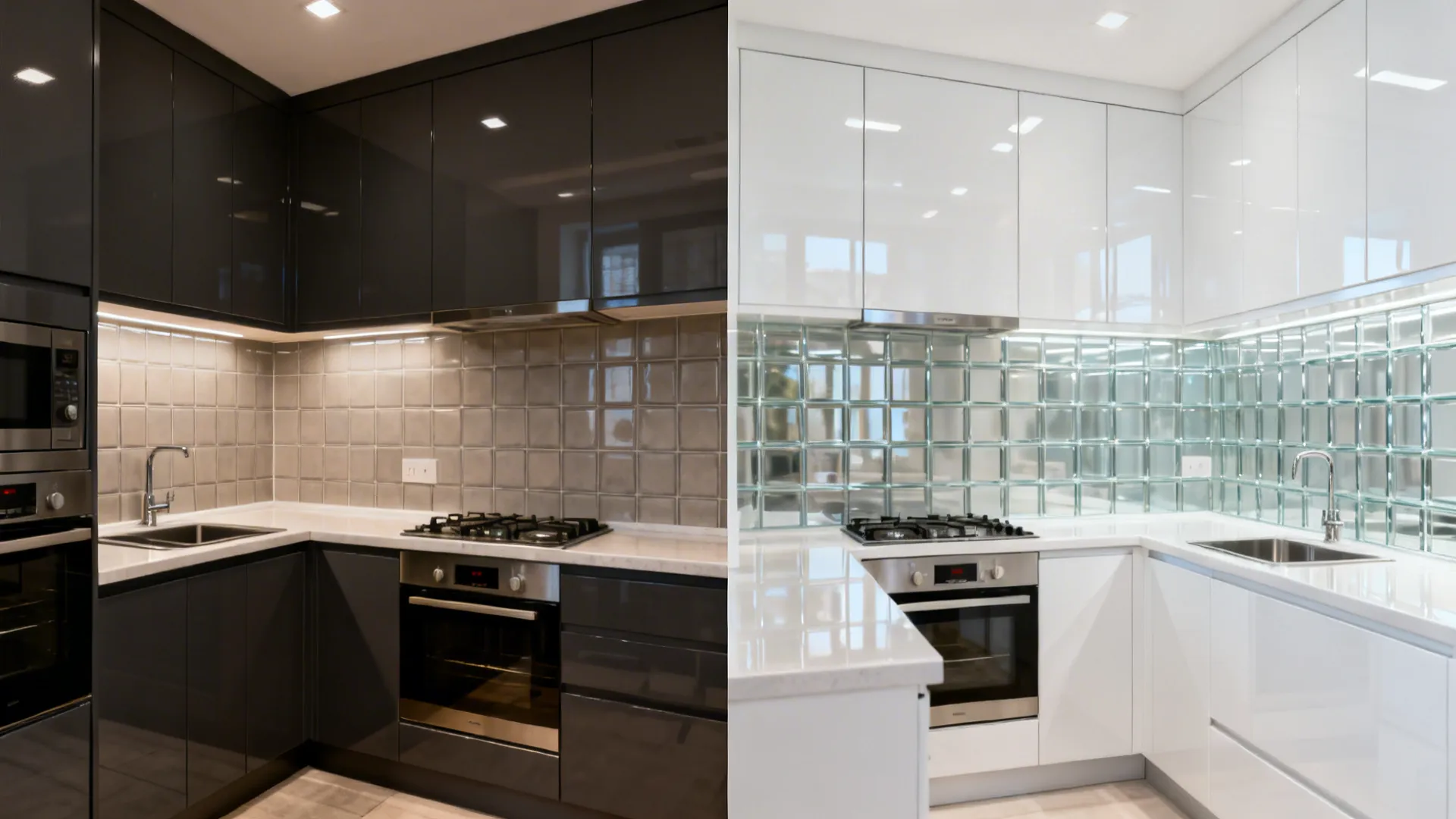 Before-and-after view replacing dark cabinets and tile with glossy uppers and a glass backsplash.