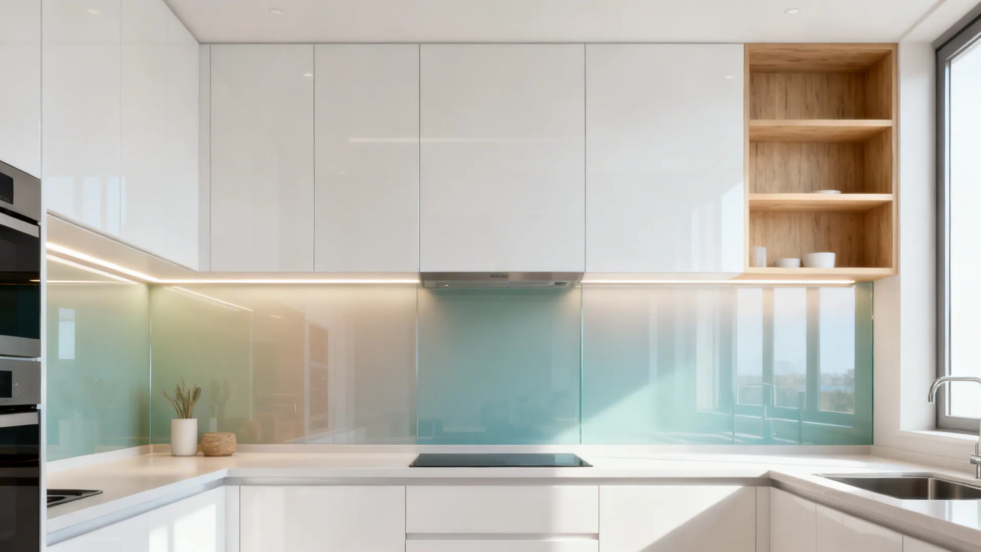 Glossy white uppers and a tempered glass backsplash reflect light in a compact kitchen.