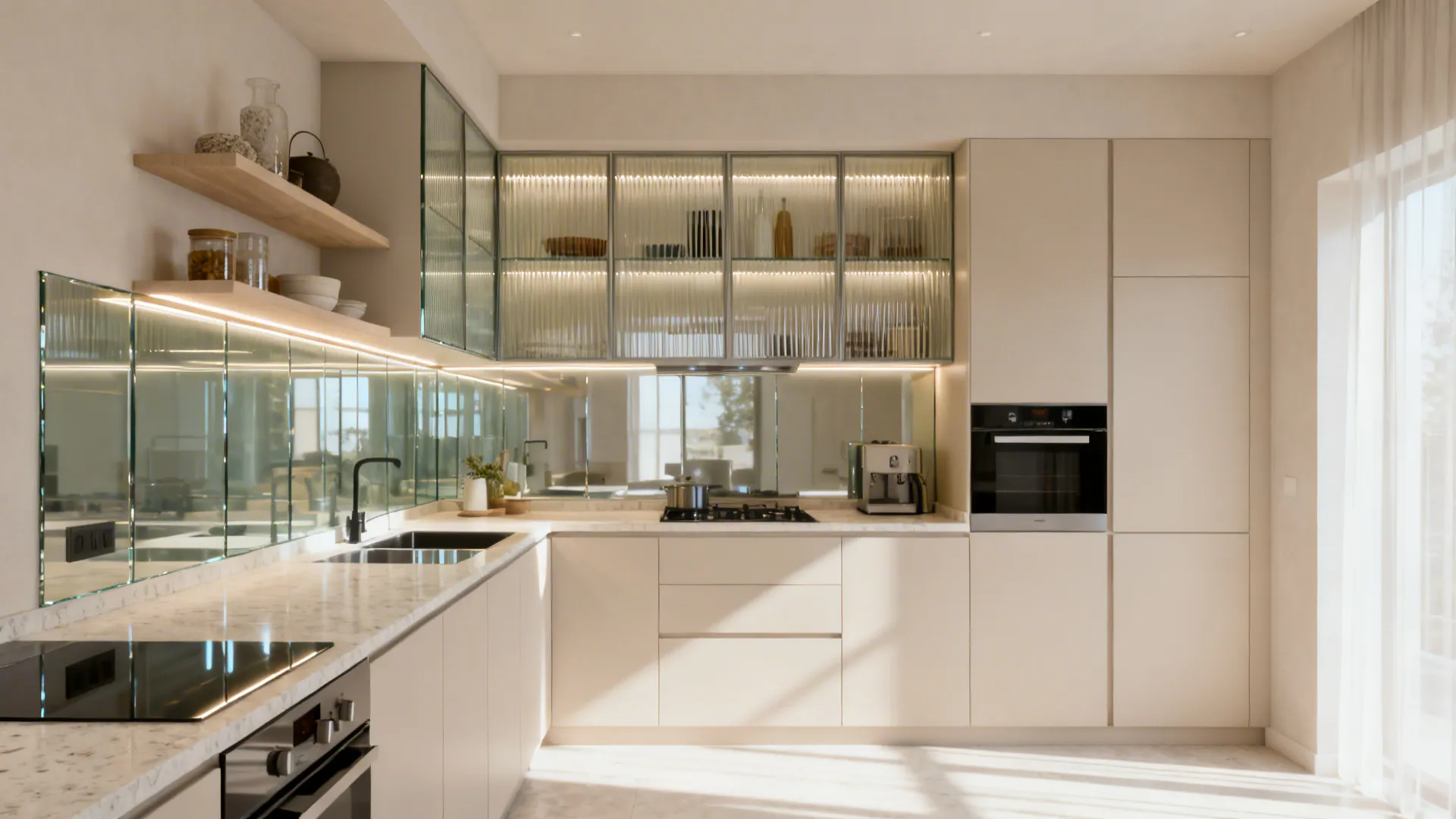Glossy glass backsplash and ribbed glass cabinets reflect light in a small kitchen.