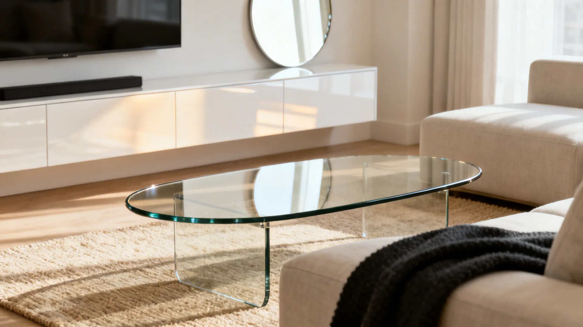 Glass oval coffee table and glossy media panel reflecting soft daylight in a compact living room.