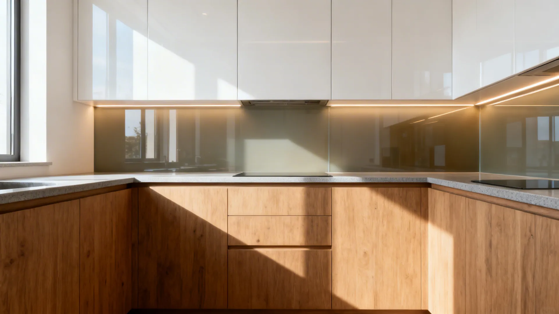 Modern kitchen corner with white glossy upper cabinets, wood lower cabinets, grey countertop, and lighting