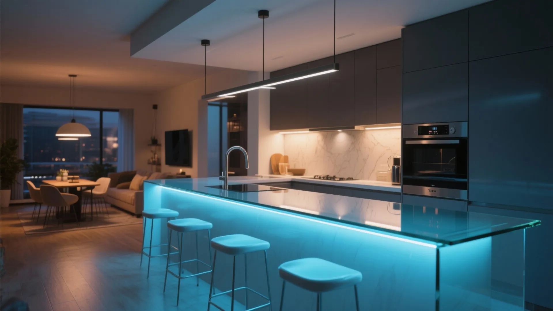 Modern kitchen with blue neon light bar island stools dark cabinets and linear ceiling light