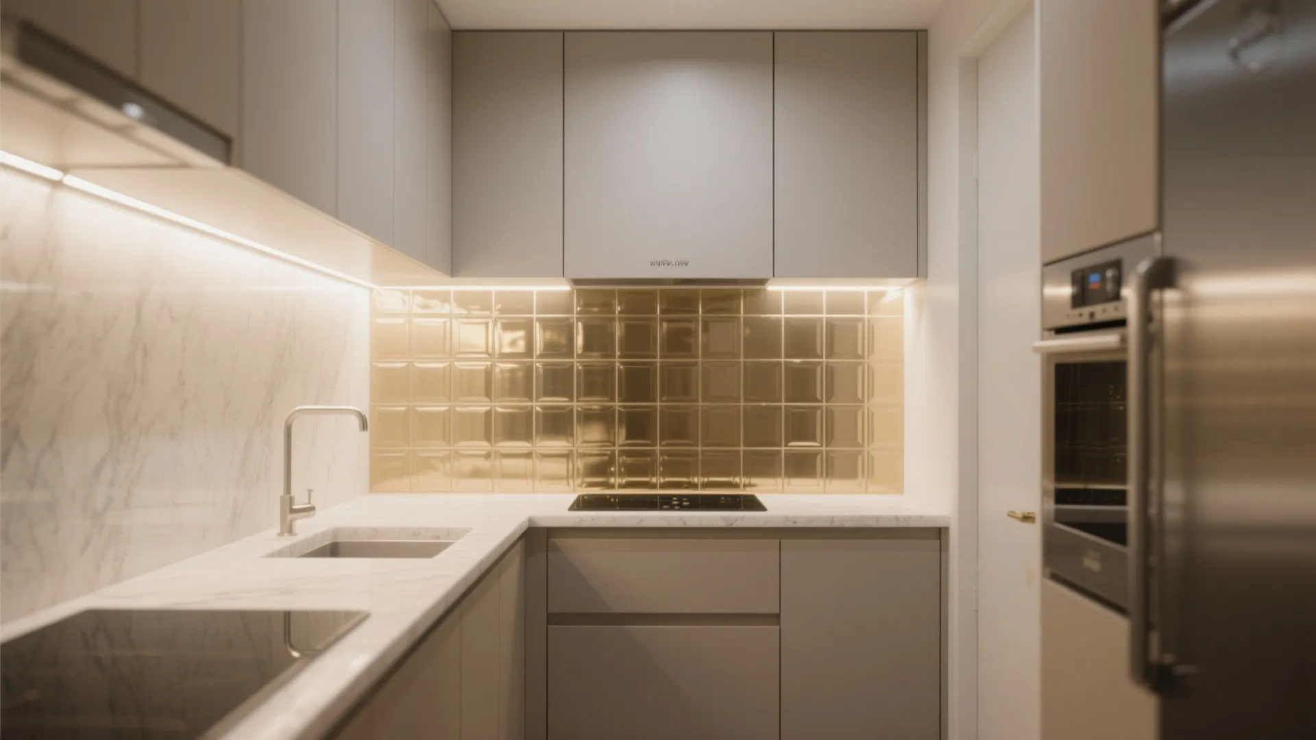 Gold-Glass Backsplash or Panel for Compact Kitchens