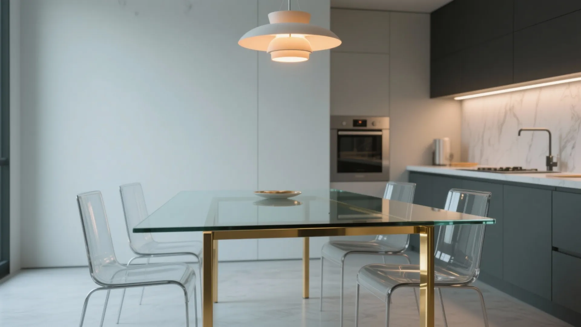 Minimalist glass-top table with a slim gold frame in a small studio, pendant light overhead