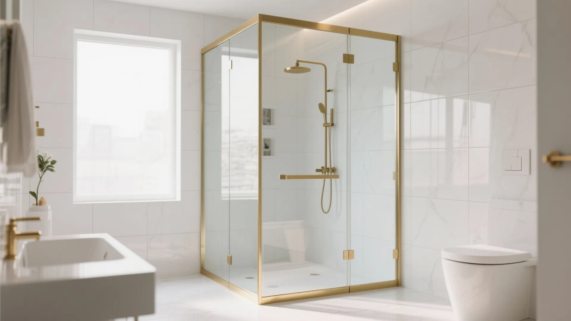 Modern bathroom with gold glass shower box white marble wall tiles white toilet and sink