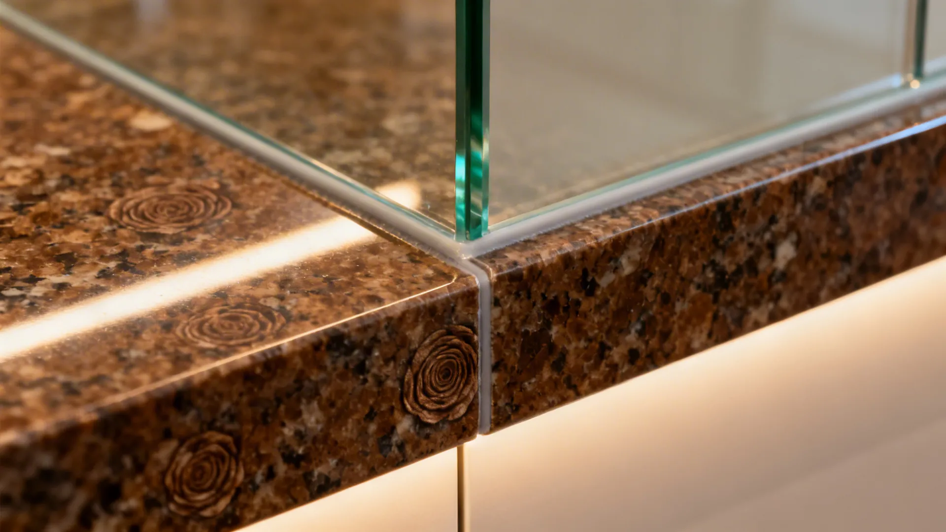 Macro of low-iron glass backsplash meeting Baltic Brown granite with clean joint.