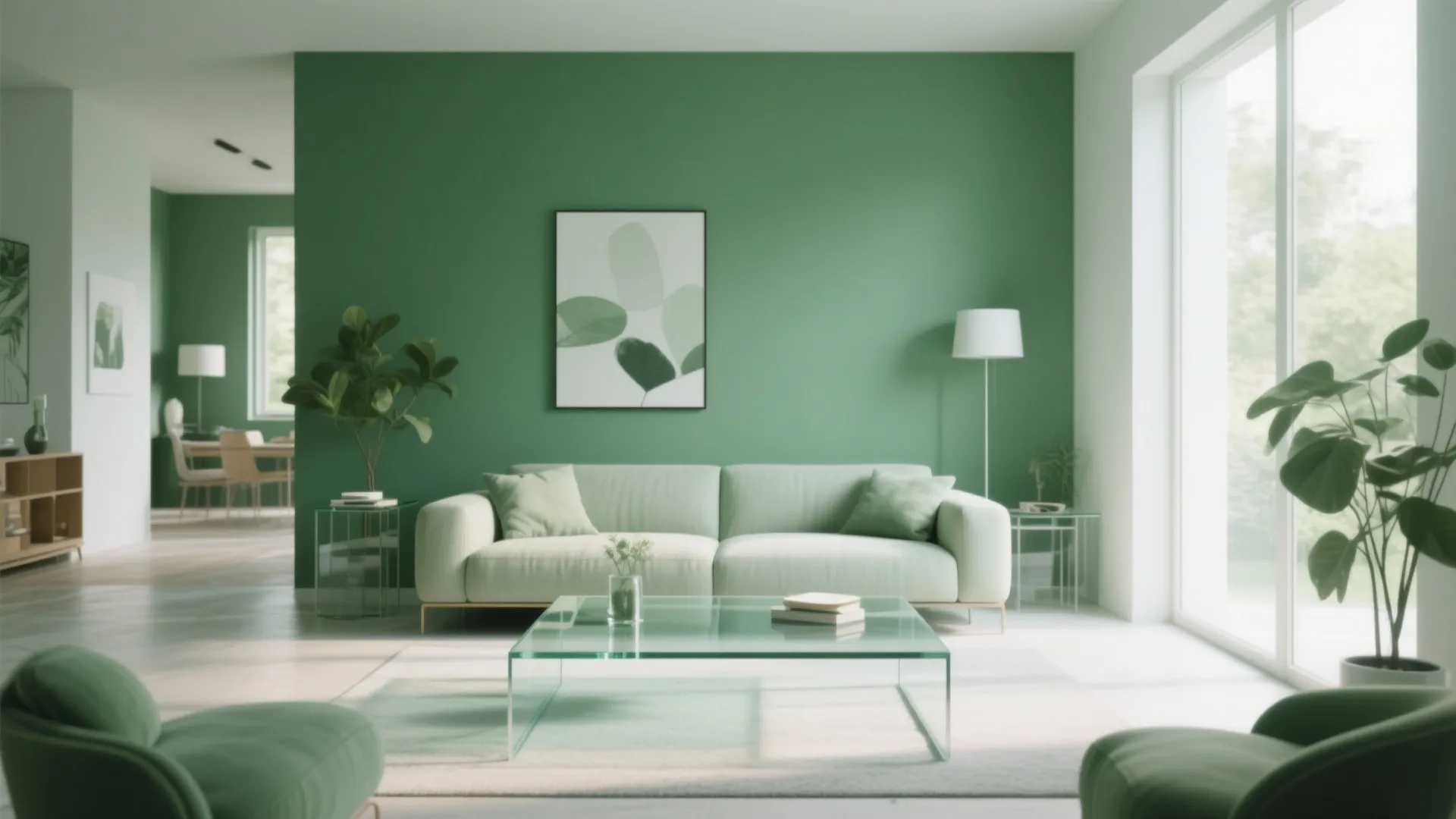 Modern green living room featuring white sofa glass coffee table large windows and indoor potted plants