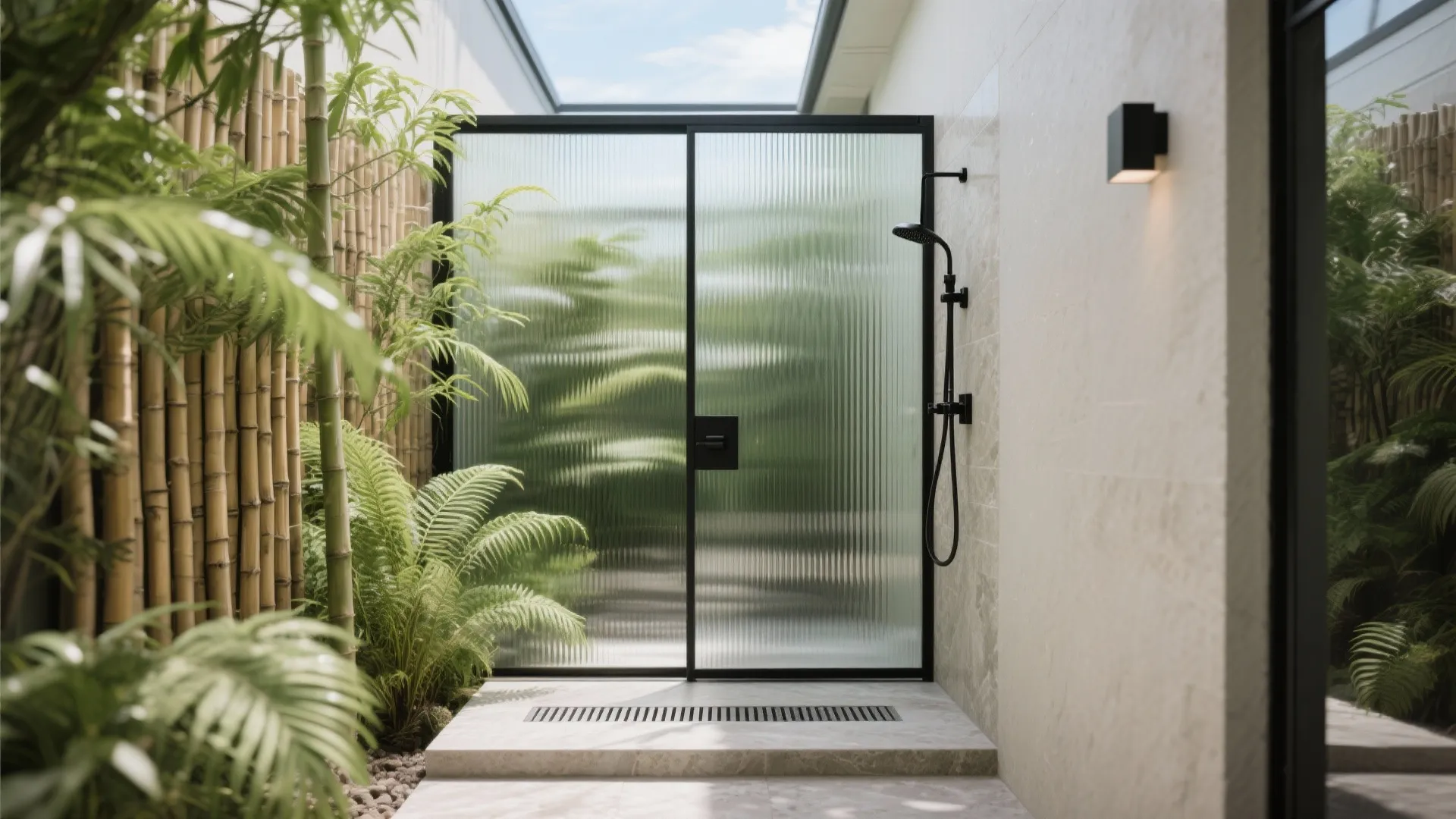 2) Glass privacy, greenery, and borrowed light