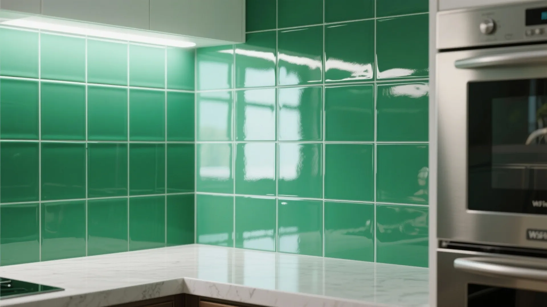 Glossy green square wall tiles in a kitchen with white countertop silver oven and bright light