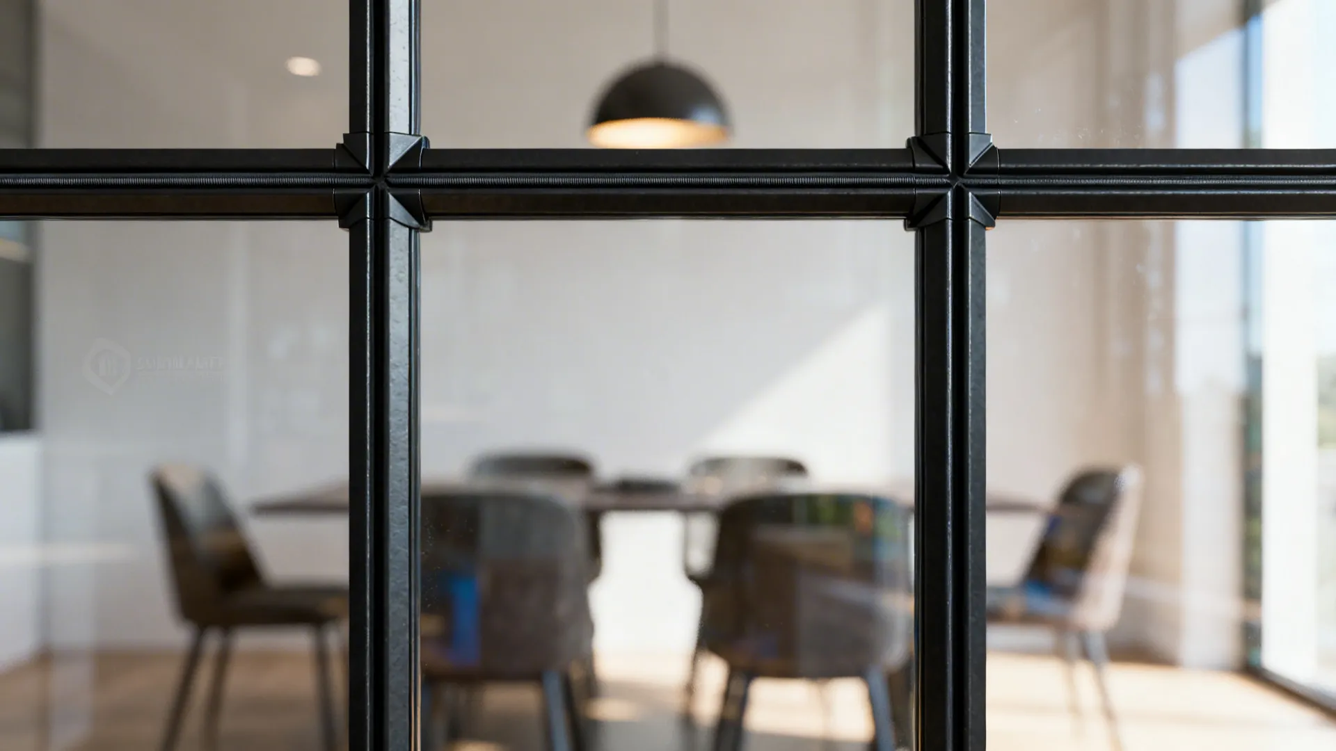 Close-up of black metal frame and laminated glass with crisp joints.