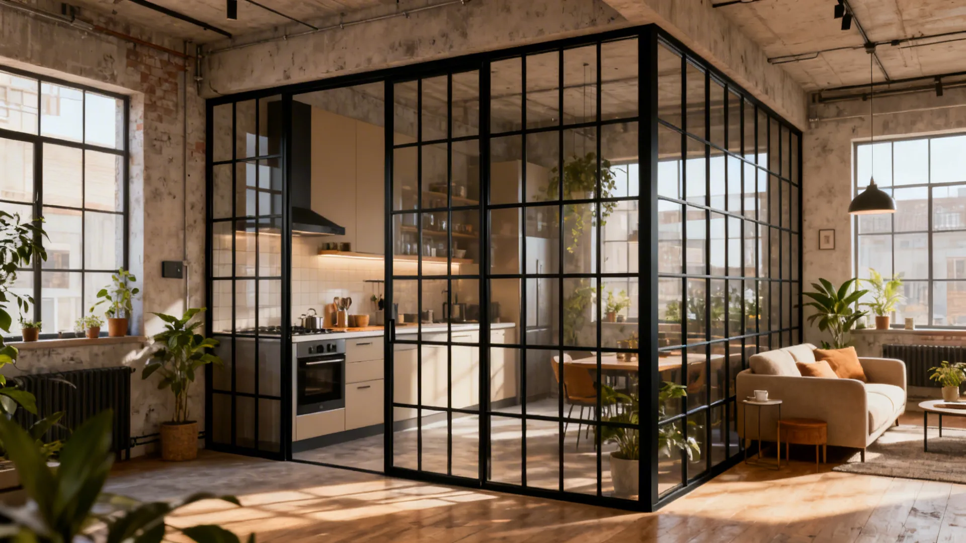 Industrial kitchen and living room separated by a black metal glass grid wall panel partition
