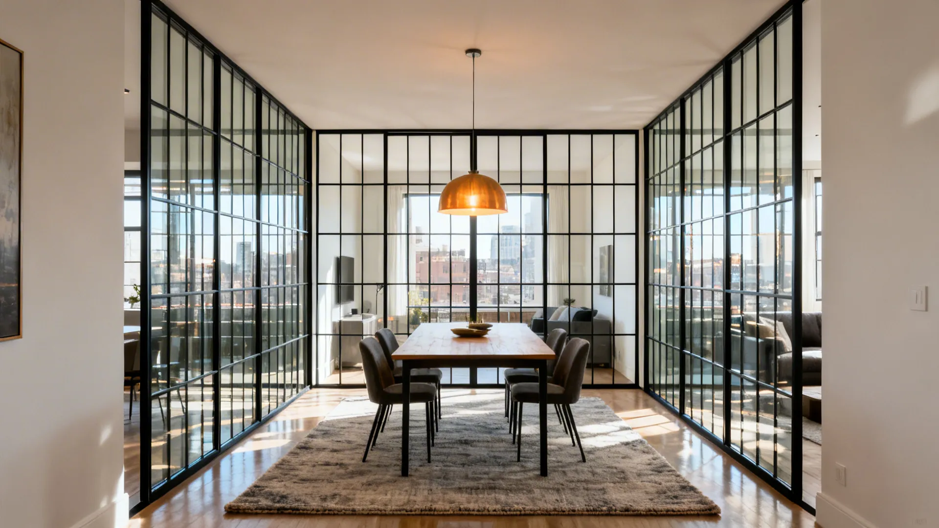 Steel-framed glass grid partition defines a bright dining nook with a wool rug in a modern flat.