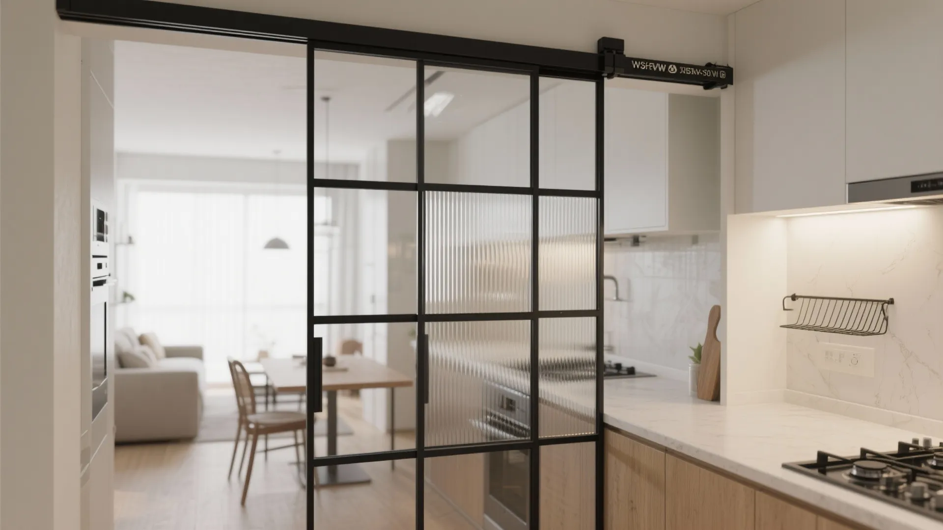 Modern kitchen with black framed sliding glass door looking into a bright dining room area