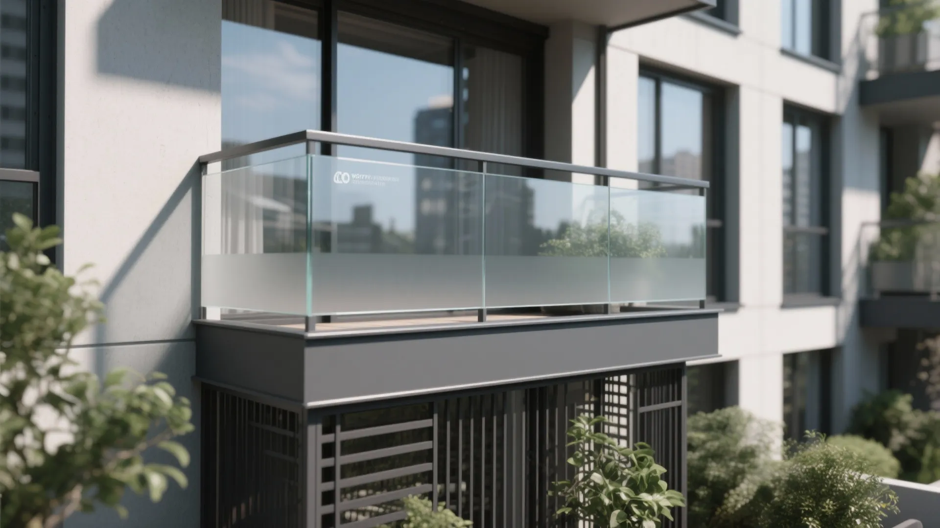 High rise balcony with a frosted glass railing and black metal frame overlooking the city