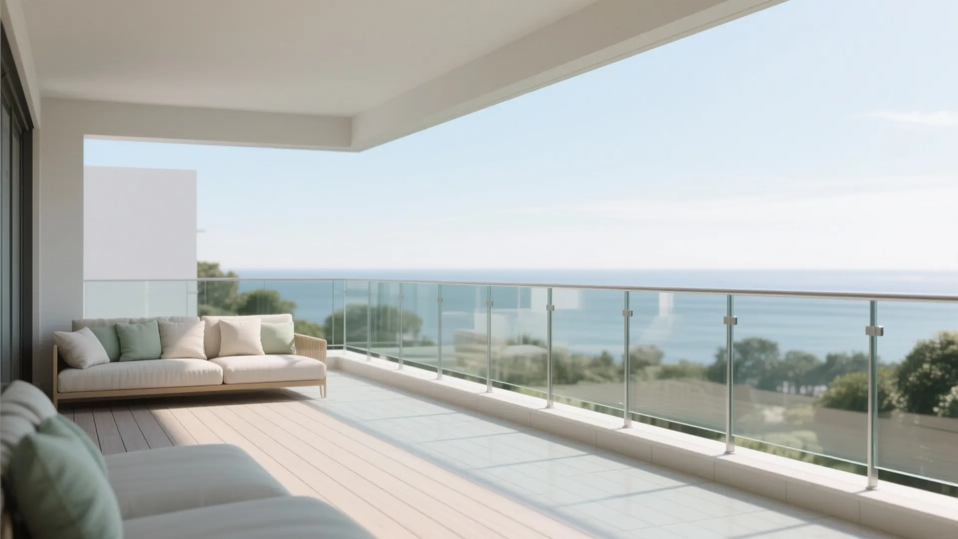 Clear edges with glass balustrade + light palette