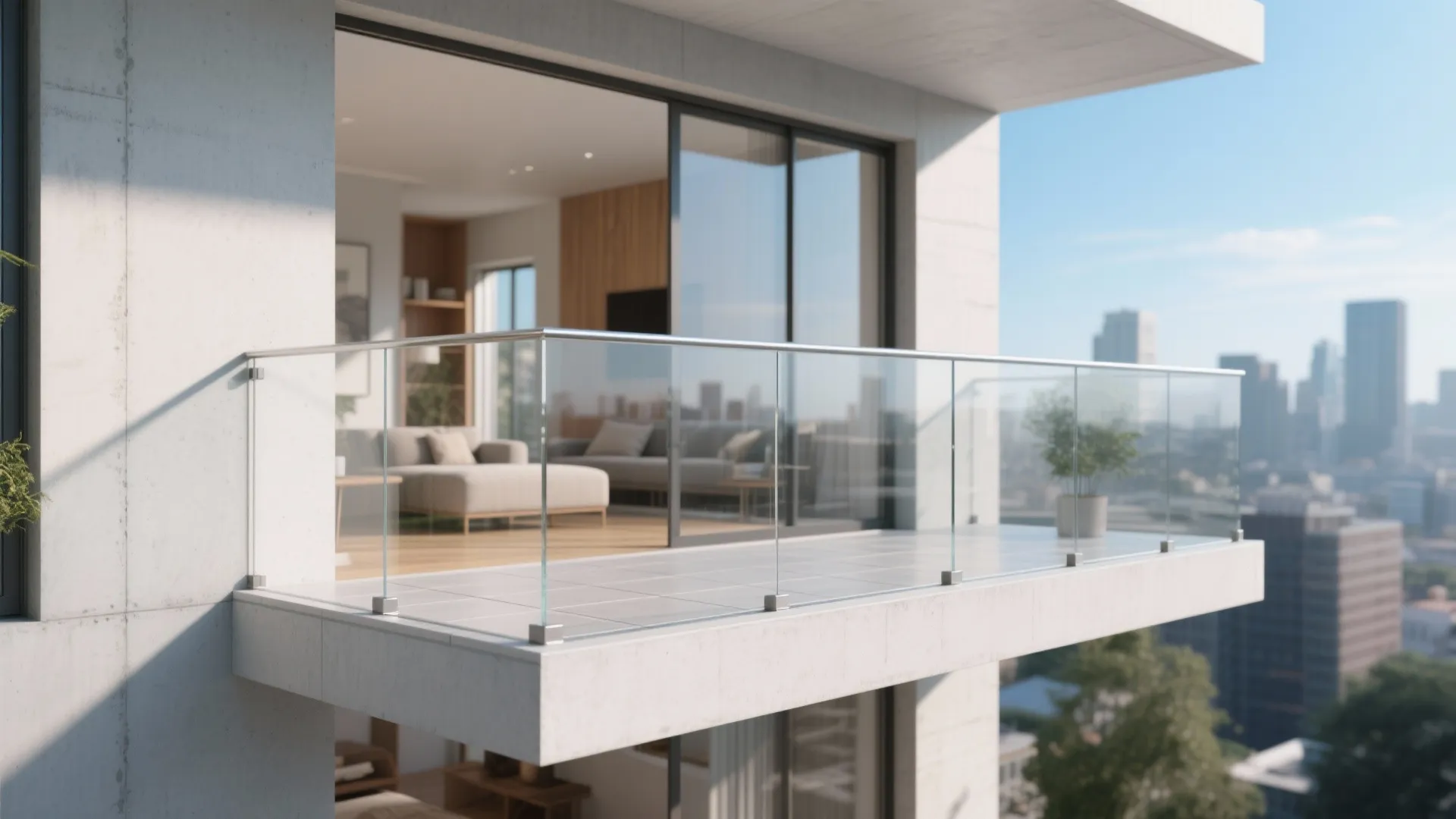 Modern high-rise balcony with glass railing white floor tiles and blurred city buildings in background