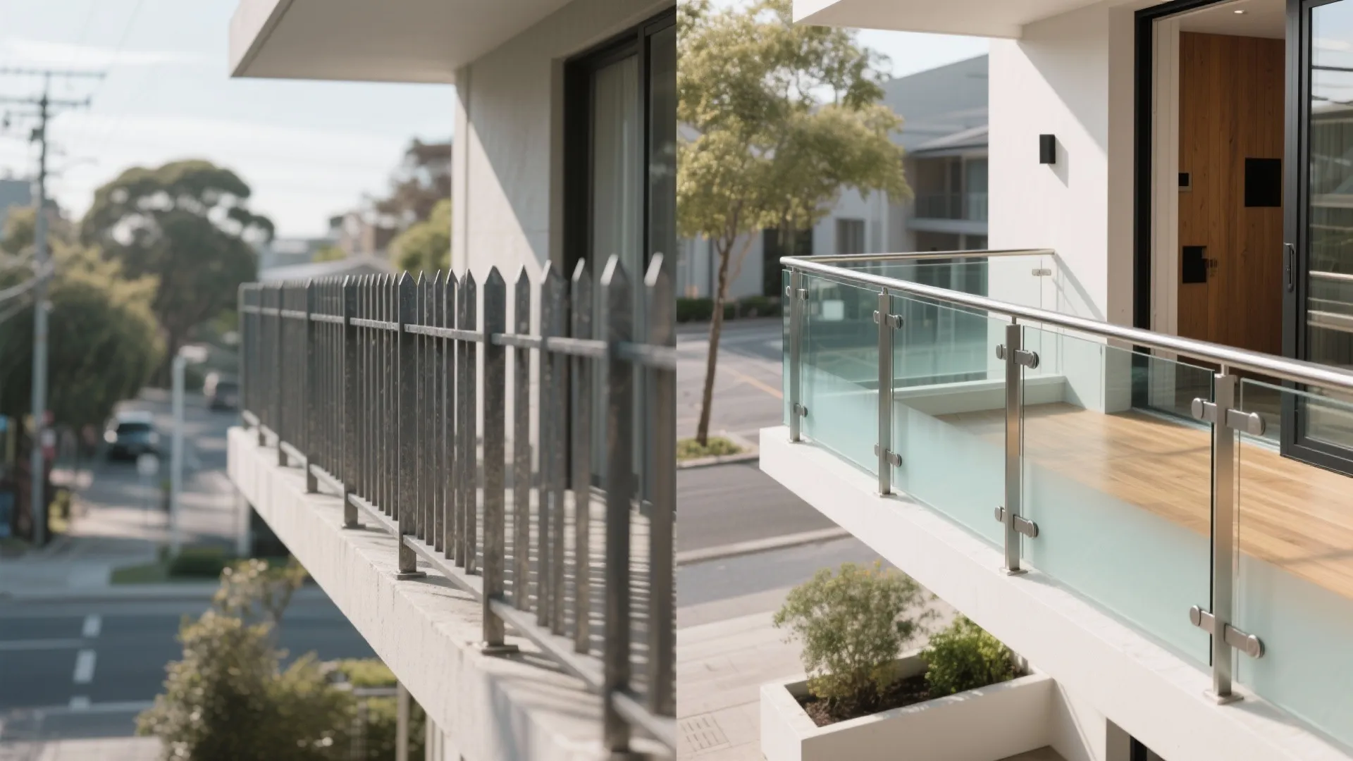 Before and after comparison of old metal balcony railing replaced with modern glass and steel railing