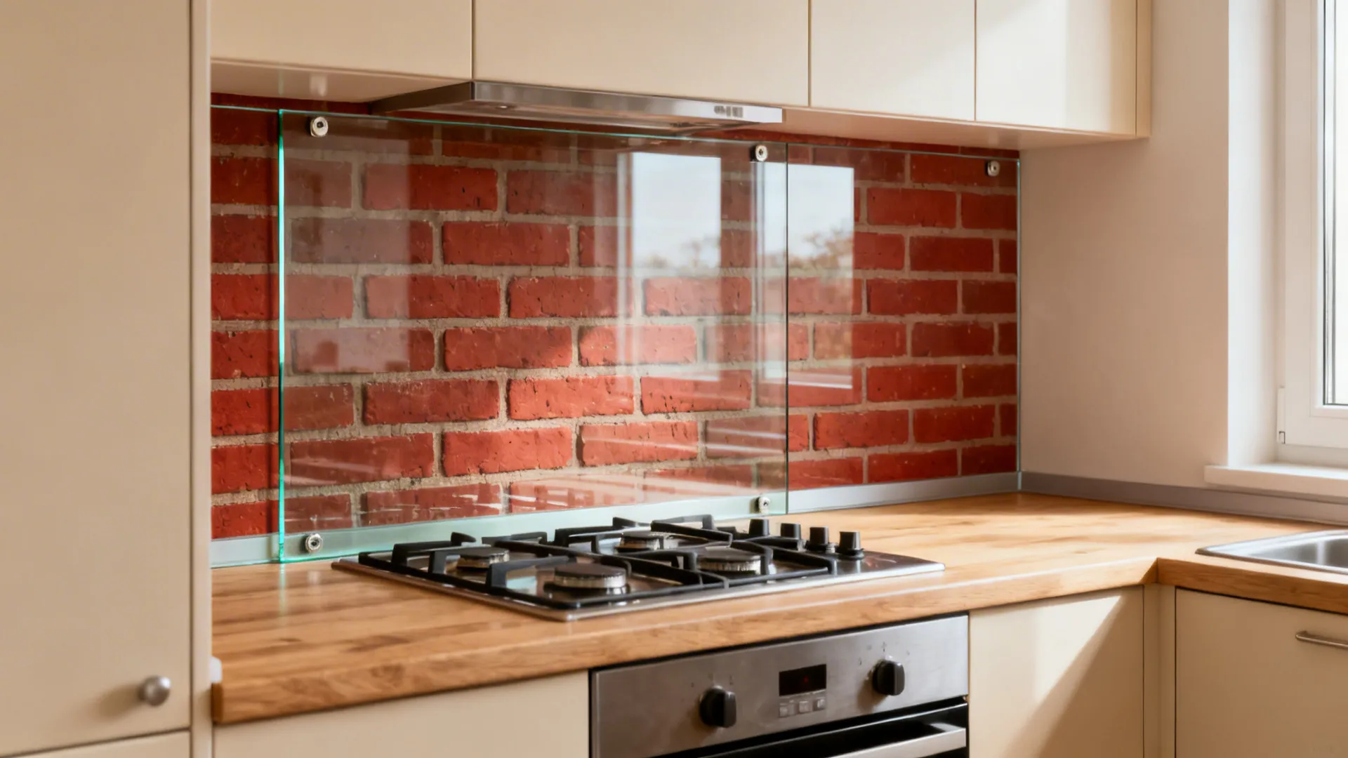 Low-iron tempered glass panel over red brick tiles behind a compact cooktop.