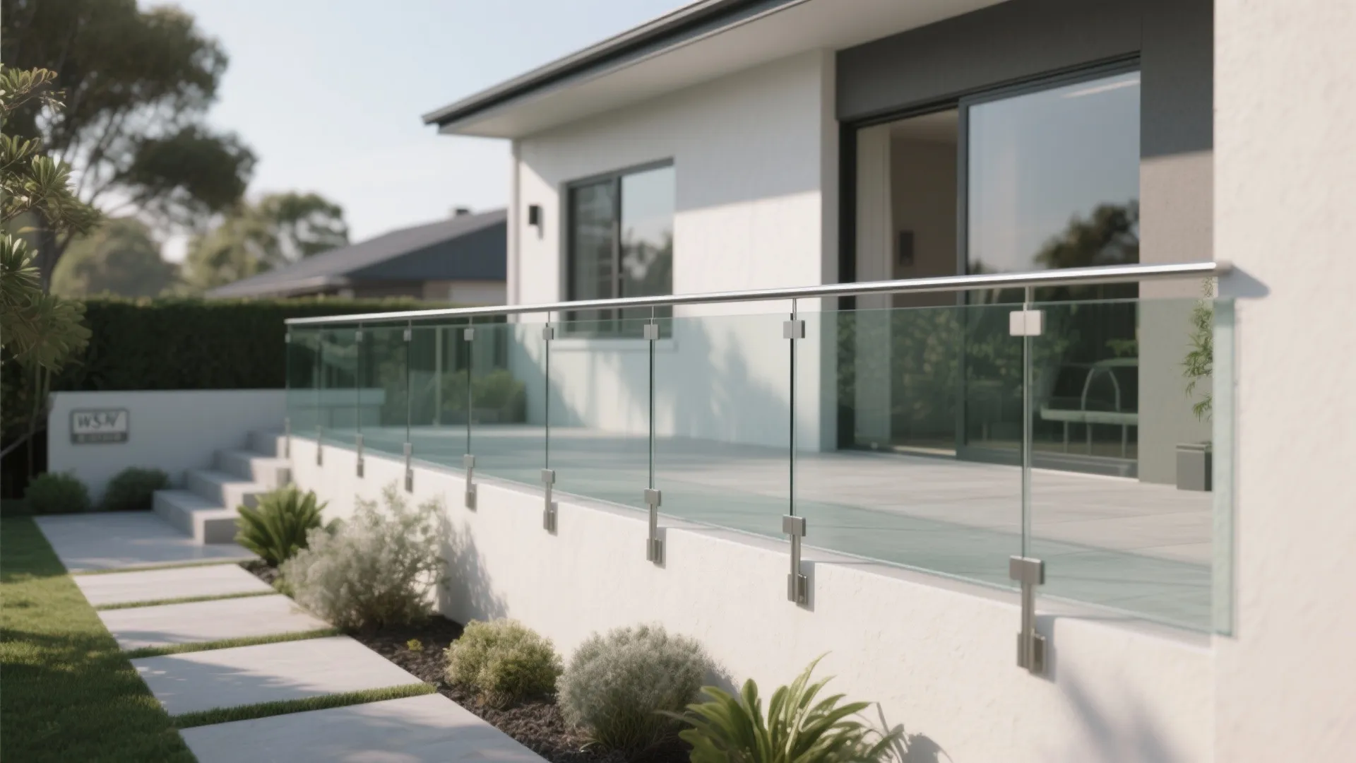 Modern glass balcony railing on a white terrace with garden views and sliding glass patio doors