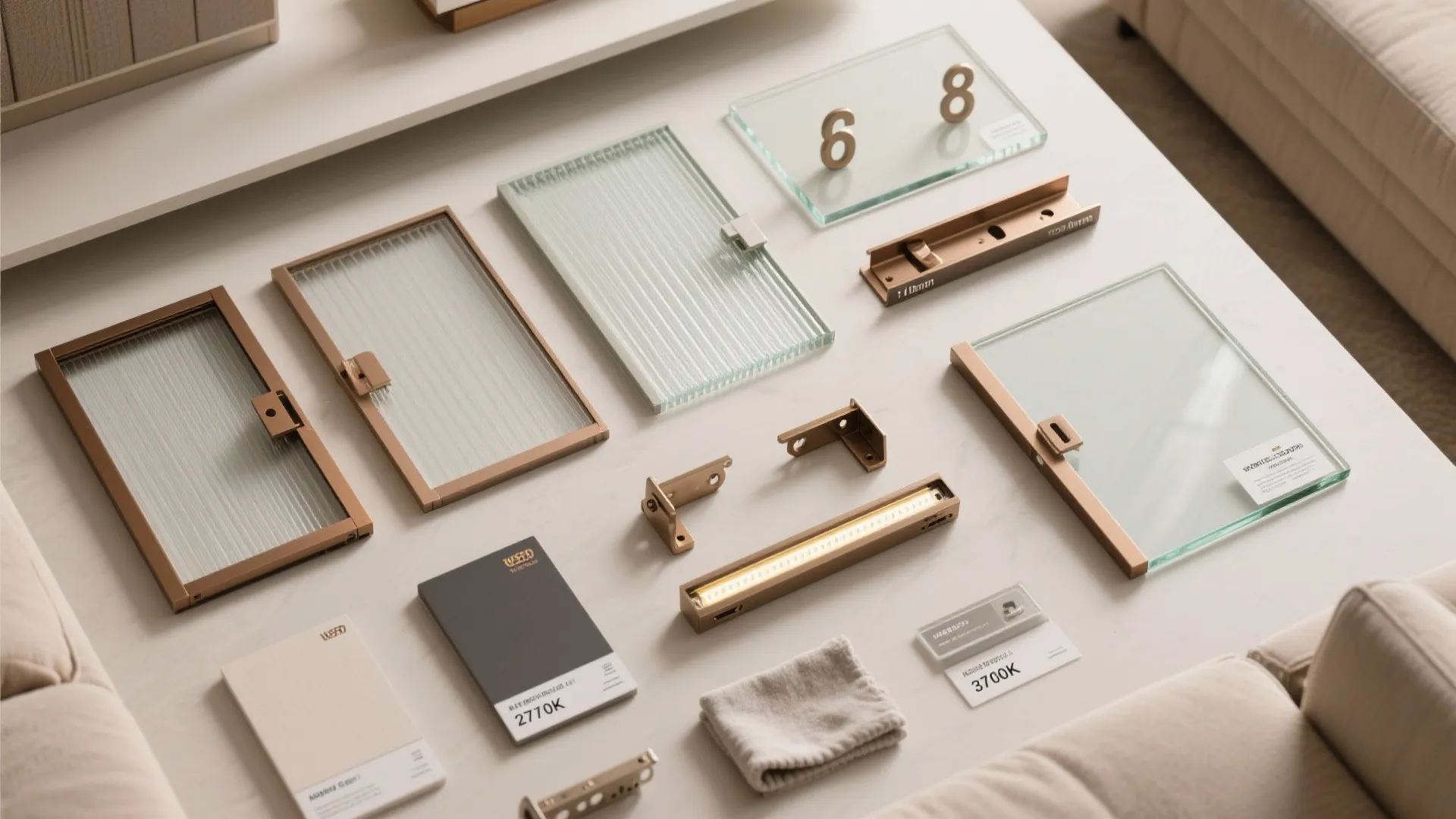 Collection of glass door samples and metal hardware parts displayed on a white flat surface