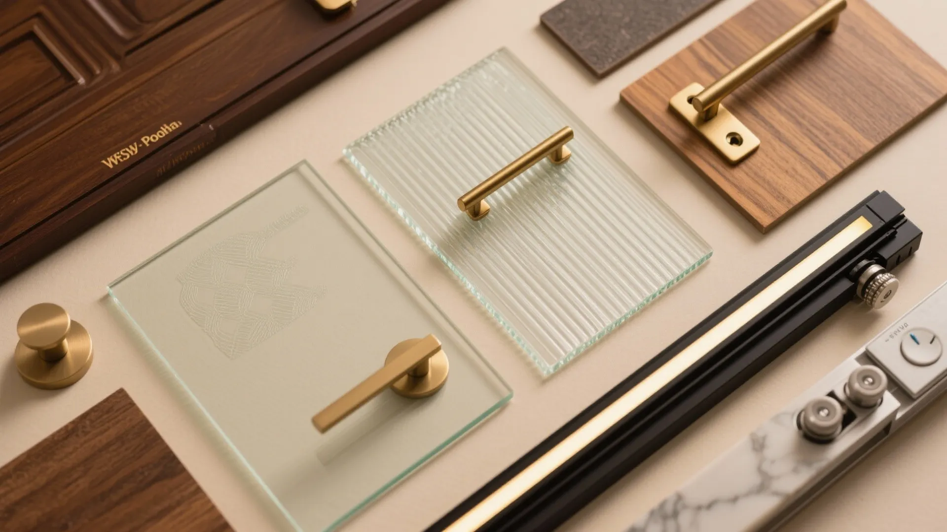 Top-down flat lay showing glass samples, brass pulls, hinges, sliding rollers, LED strip with channel, and wood and marble swatches.