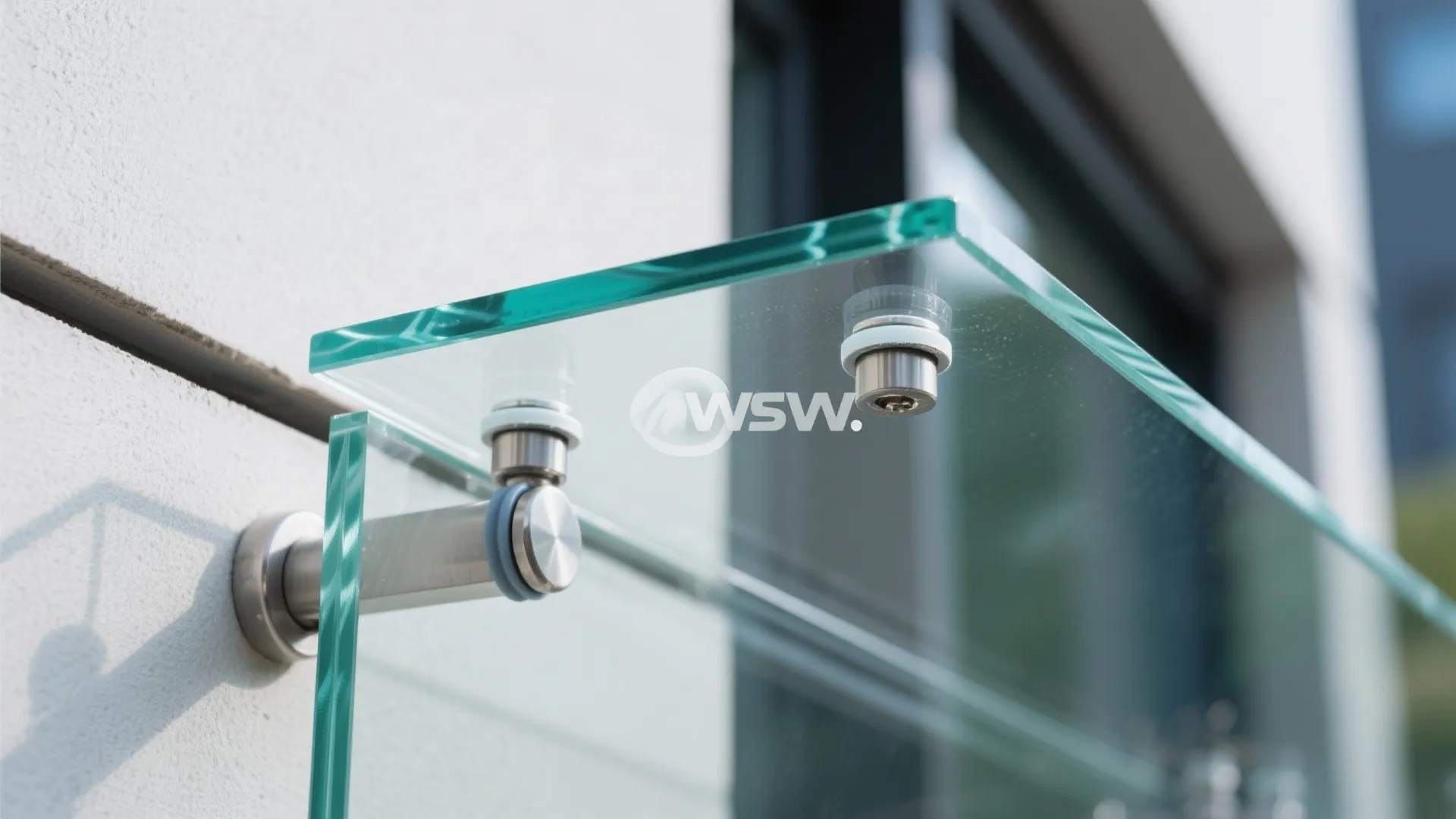 Close-up of tempered glass panel with stainless standoffs and clean edges.