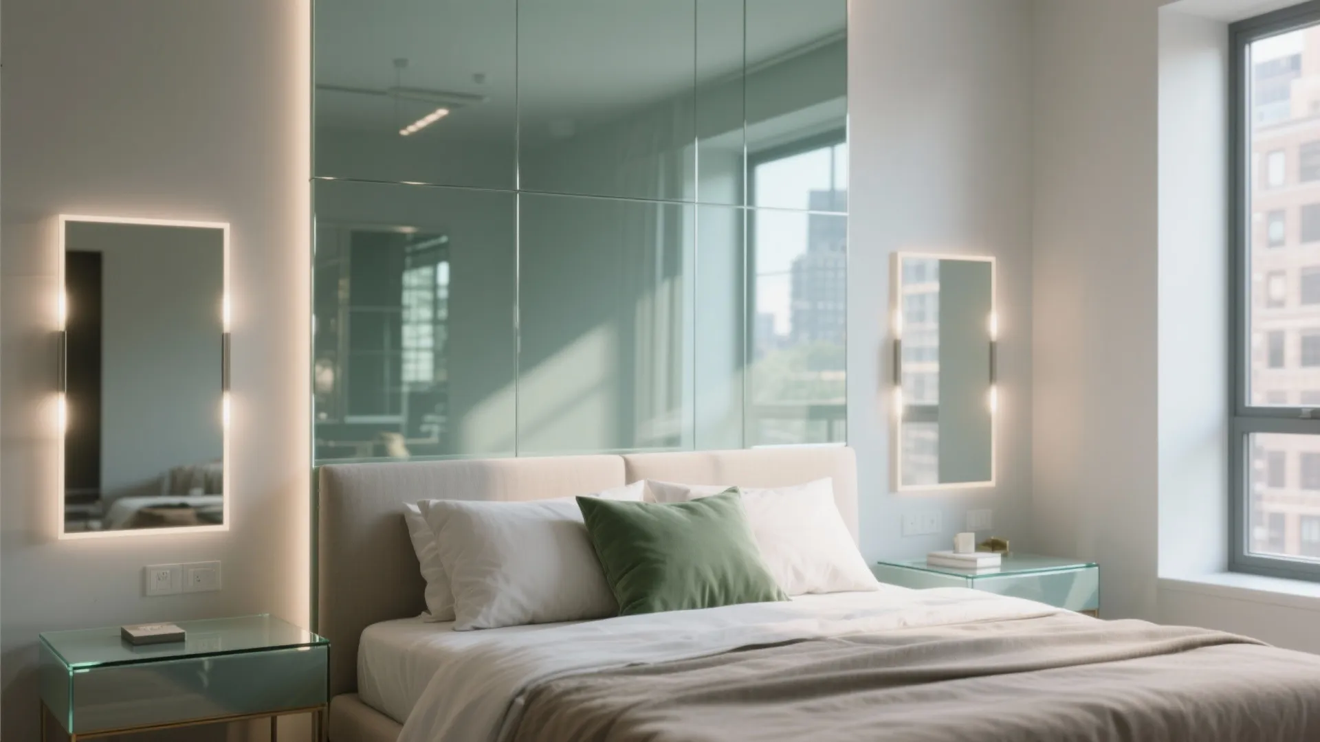 Glass Headboard and Reflective Surfaces for Airiness