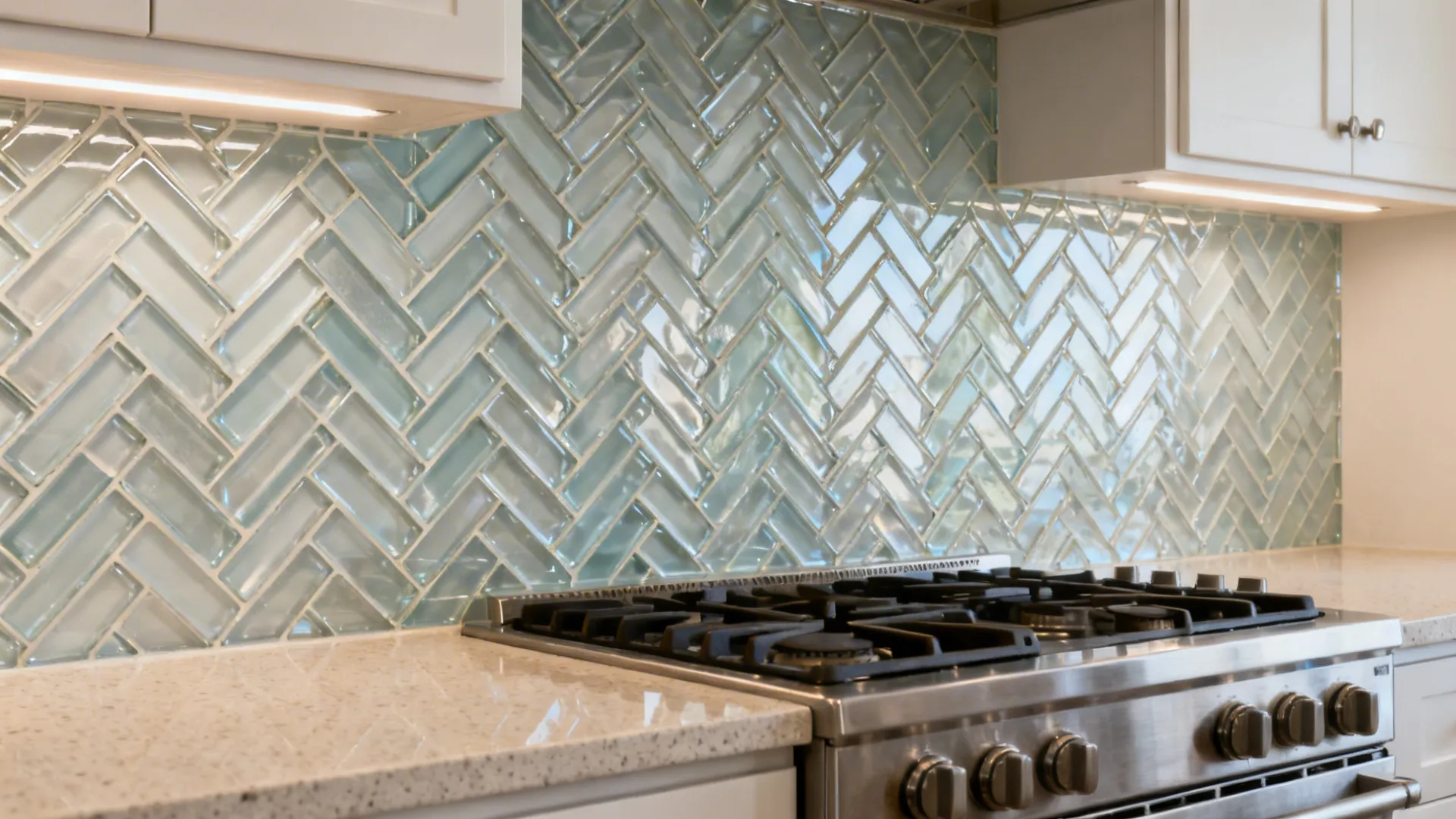 Herringbone glass tile backsplash behind a compact range with soft, directional reflections